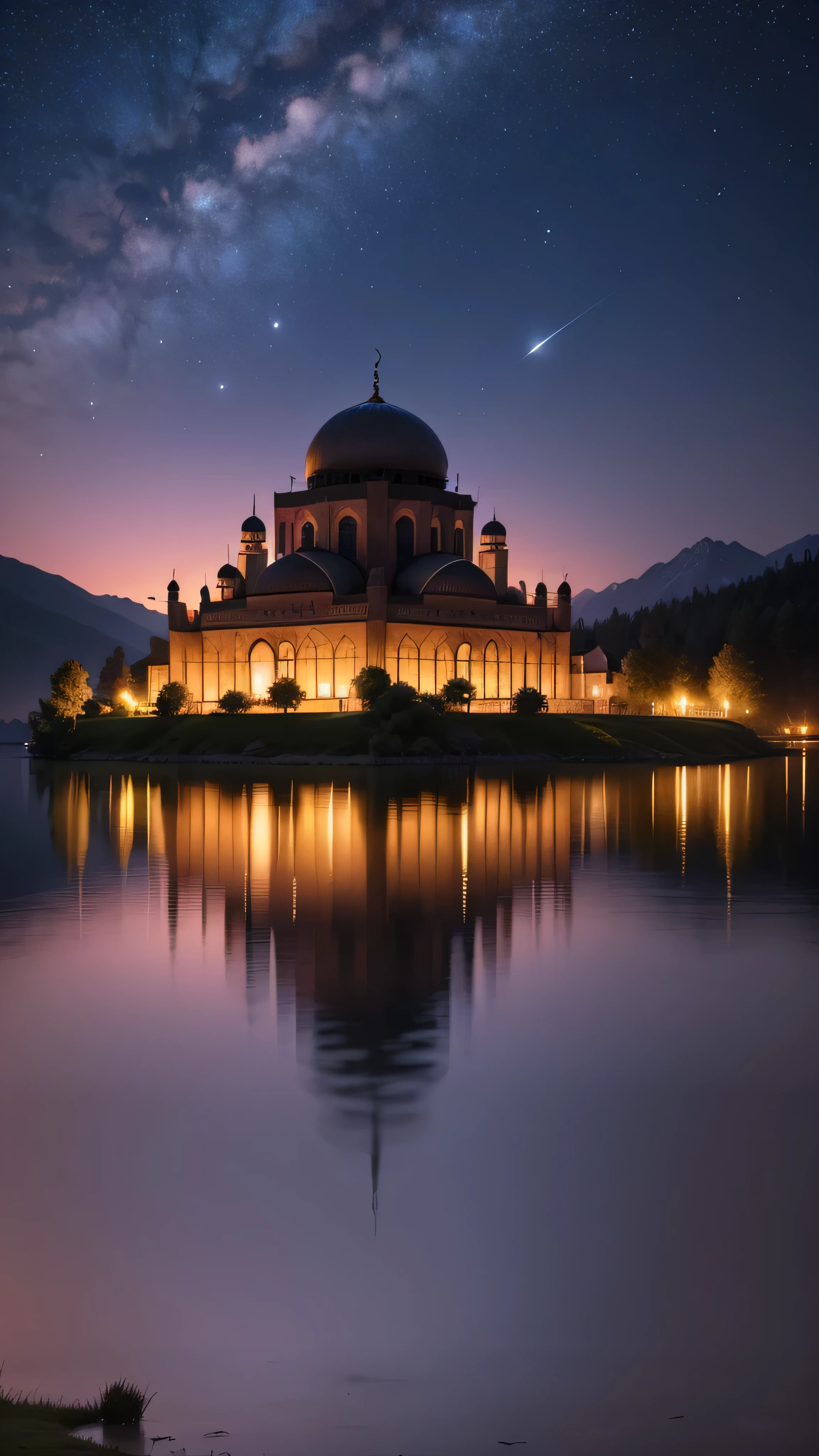 mosque on an island in the middle of a clear lake, in the middle of the night, trees on the edge of the lake and around the mosque, around the lake there are hills, with an night atmosphere, sky full of the stars, shooting stars, high resolution, super hd