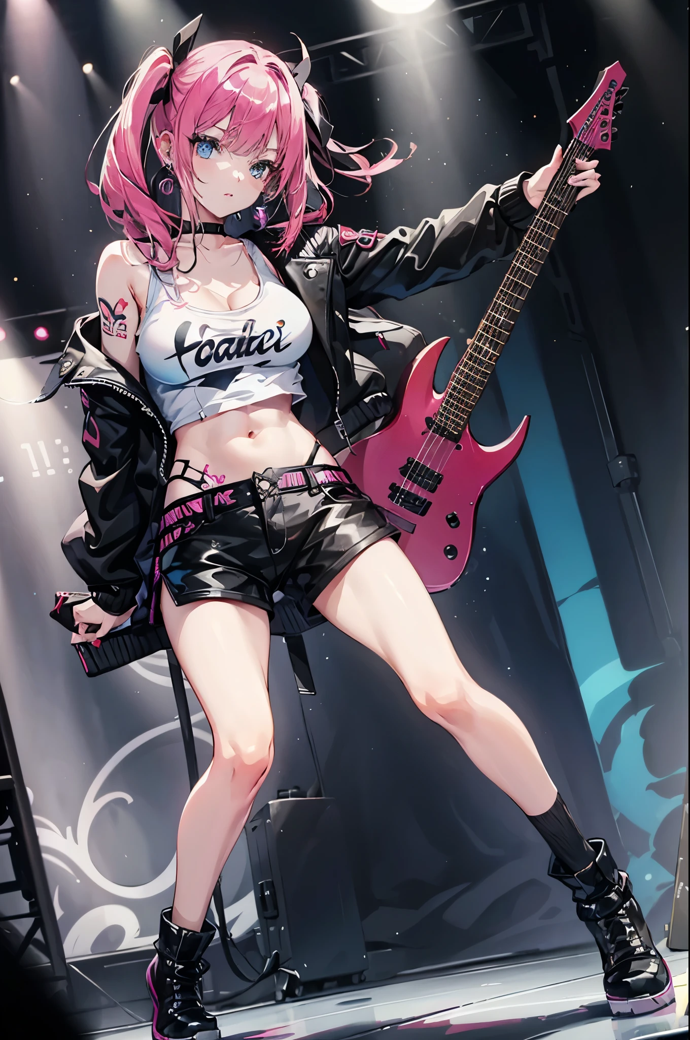 realistic:1.2, Rocker girl wearing a leather jacket,slim body shape、Normal bust size、 highly realistic photograph,  full body shot, １two electric guitars, clothes with spikes,white tank top、Navel exposed、low rise leather shorts,tattoo,earrings dark lipstick, blue eyes,pink twintail hair,black ribbon, beautiful and perfect legs, confident look, punk style ,dynamic pose, dynamic lighting, brightly colored stage,colorful stage lights,