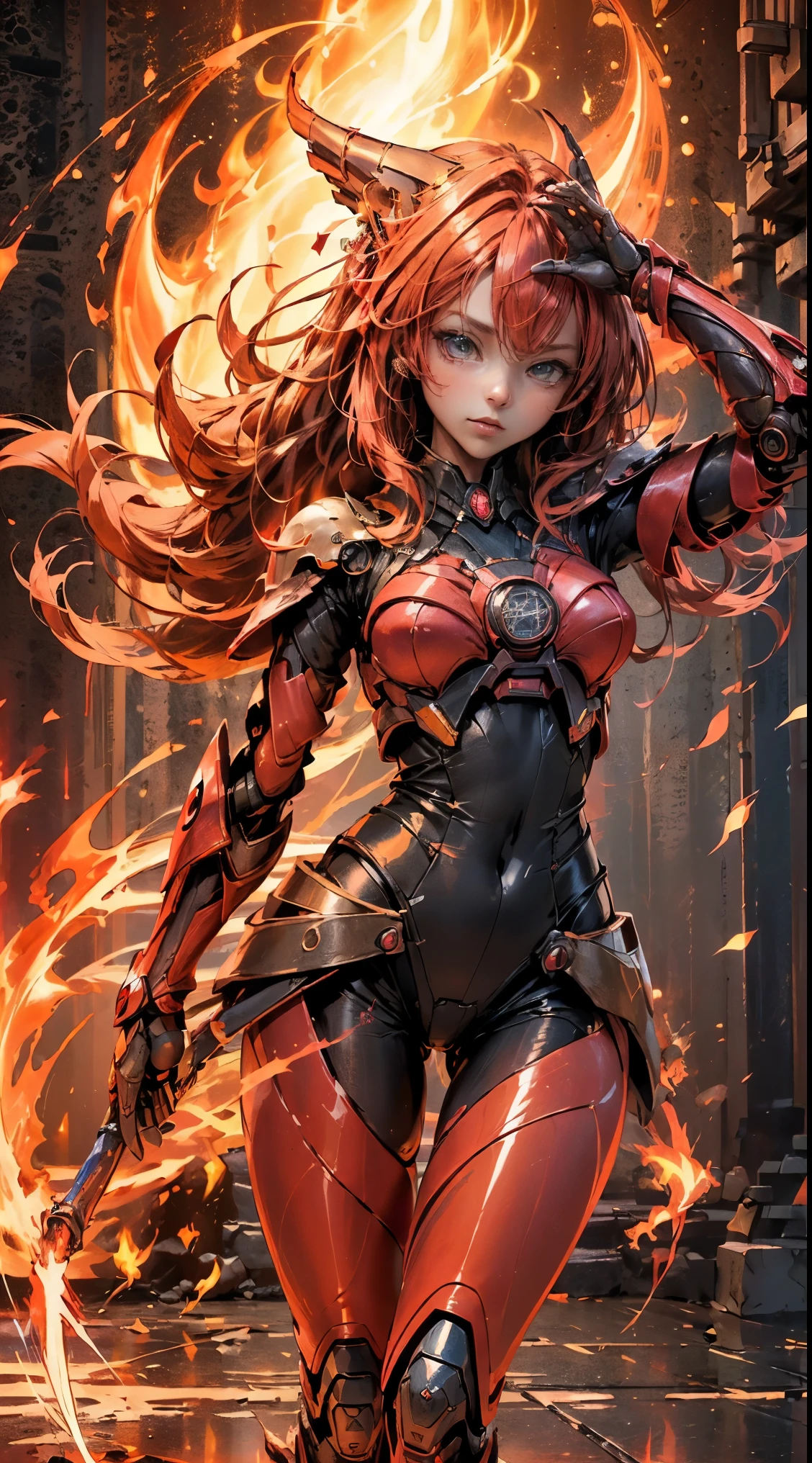 (mesa,extremadamente detallado, Mechas pesadas, superficie dura),(Arte conceptual:1.1),(Shielded core style:0.8), A woman in robo ninja armor is standing.,(cuerpo rojo:1.1),(patas largas:1.1),(Equipado con sable y cadena.:1.1),(Un ojo detallado:1.3),(Una cara detallada:1.3),(Armas detalladas:1.3),(Cuerpo detallado:1.3),((cuerpo completosbian:1.5)),(The background is a crimson flame..:1.5),realista