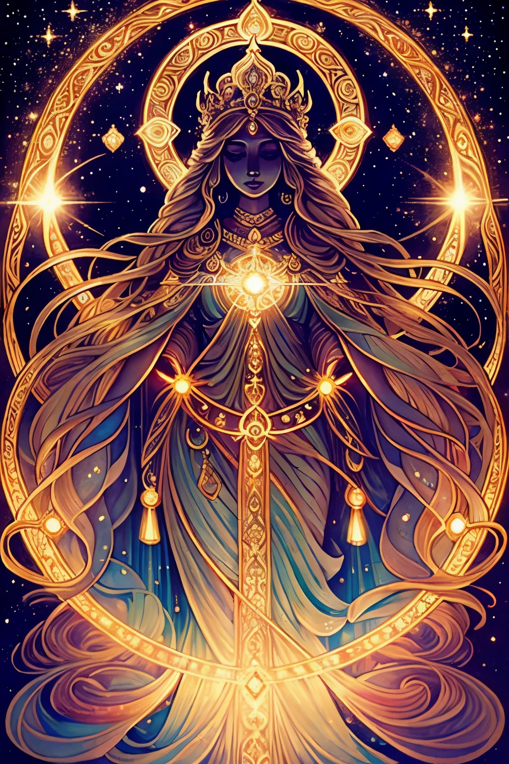 female figure. Radiates with a gentle glow, emanating an aura of serene wisdom. Eyes shine with an otherworldly luminescence, reflecting infinite knowledge. Draped in flowing garments adorned with symbols of universal understanding. Clutches a tome of boundless knowledge, its pages filled with the secrets of the cosmos. Crowned with a halo of starlight, symbolizing her divine insight and enlightenment. Projects an air of calmness and clarity, embodying the tranquility of cosmic understanding.