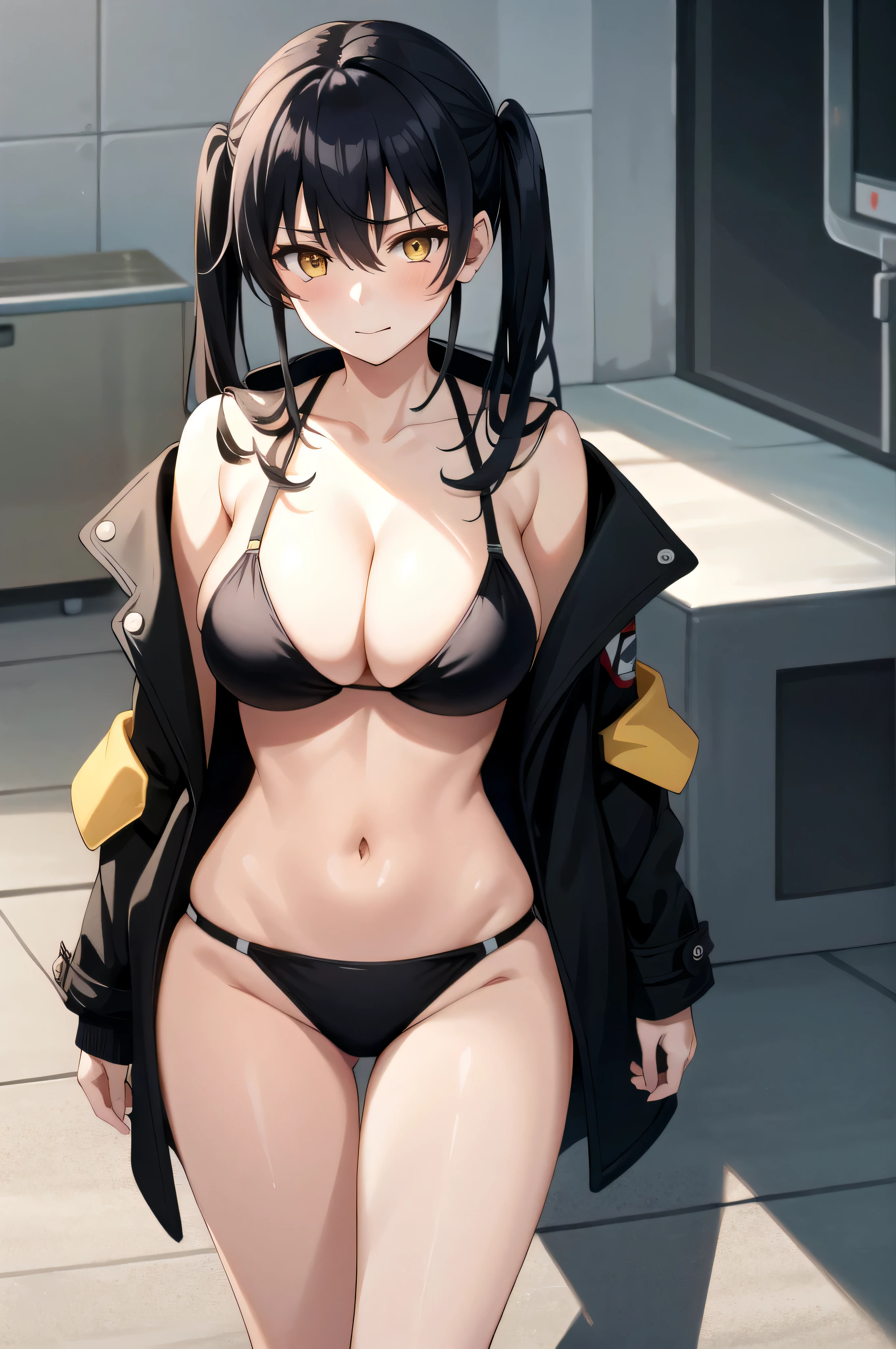 tall body, tall, long legs, mature female, mature, adult, eft_FireForce_Tamaki, 1girl, solo, breasts, upper body, black hair, twintails, black bikini, swimsuit, coat, medium breasts, bikini, black coat, cleavage, looking at viewer, open clothes, open coat, bangs, closed mouth, long hair, navel, yellow eyes, hair between eyes, bikini top only, frown, long sleeves, huge breasts, large breasts, giant breasts, big breasts, cleavage, lot of cleavage, full frame photo, upper shot, head in frame, shy smile, hands behind back, black bra, Giant breasts