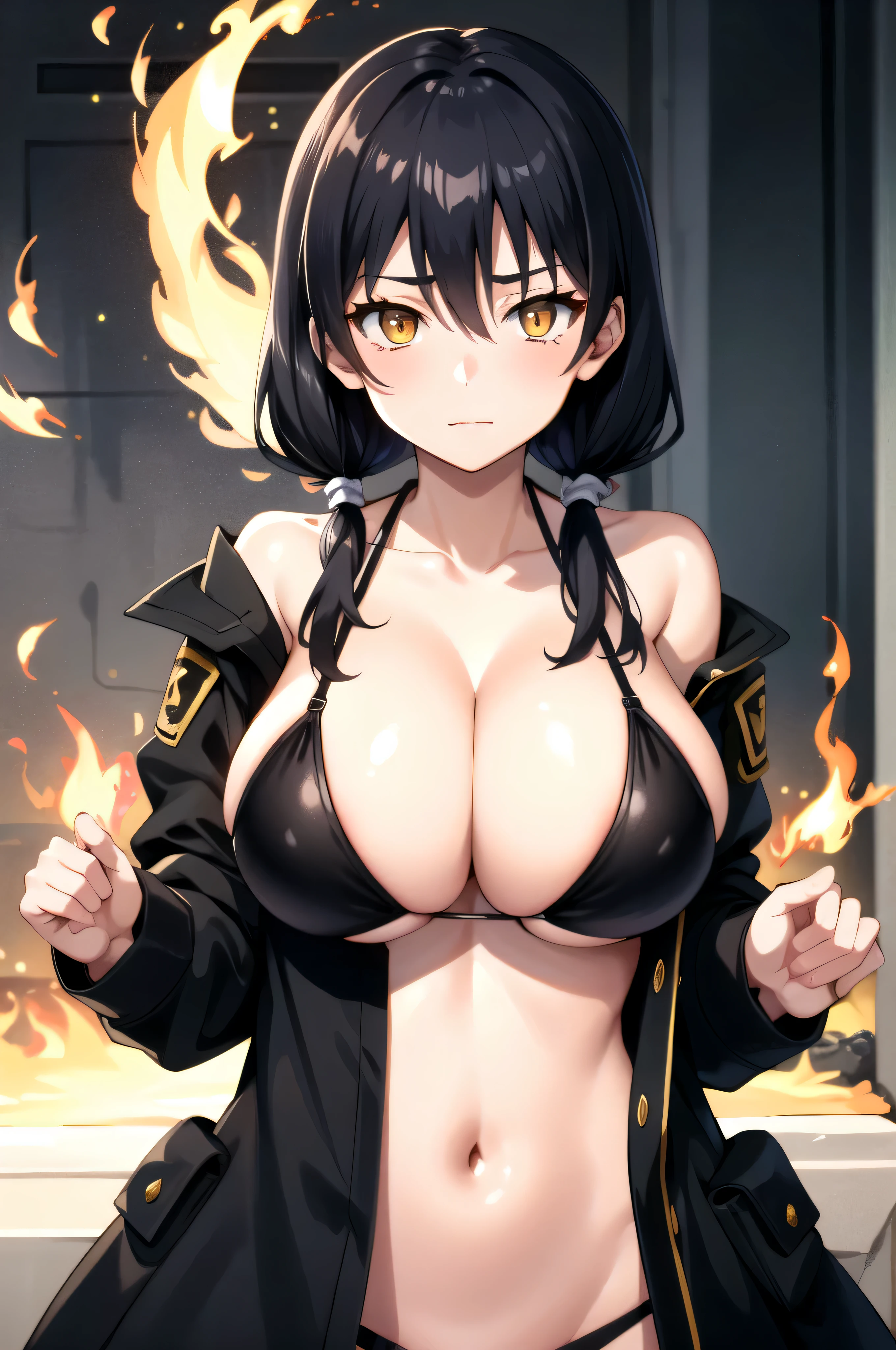 tall body, tall, long legs, mature female, mature, adult, eft_FireForce_Tamaki, 1girl, solo, breasts, upper body, black hair, twintails, black bikini, swimsuit, coat, flames, bikini, black coat, cleavage, looking at viewer, open clothes, open coat, bangs, closed mouth, long hair, navel, yellow eyes, hair between eyes, bikini top only, frown, long sleeves, huge breasts, large breasts, giant breasts, big breasts, cleavage, lot of cleavage, full frame photo, upper shot, head in frame, shy smile, hands behind back, black bra, Giant breasts
