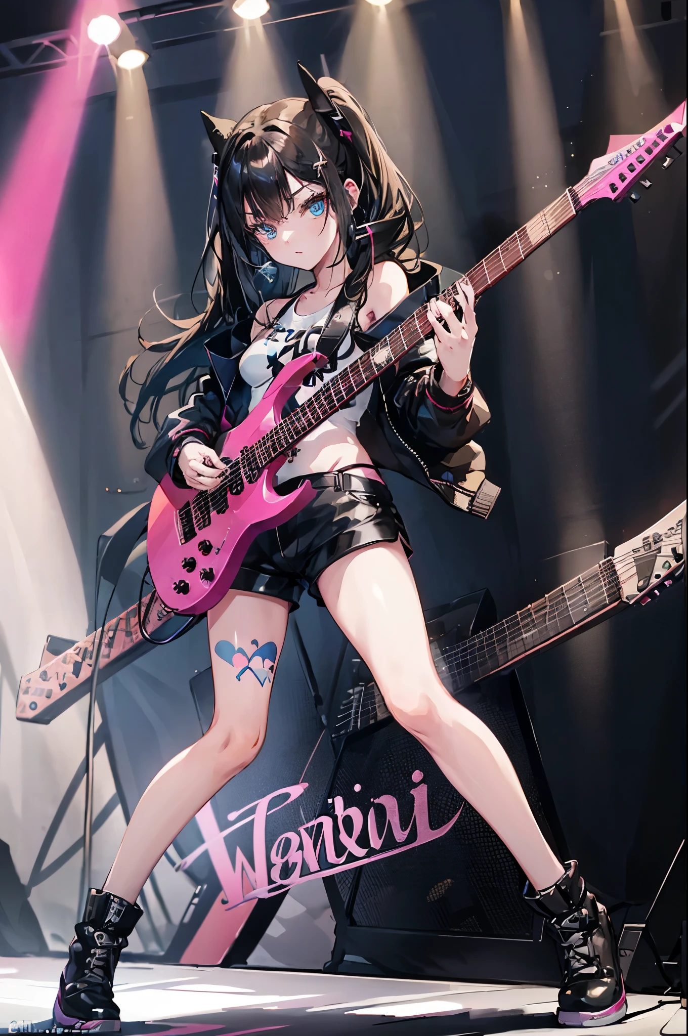 realistic:1.2, Rocker girl wearing a leather jacket,slim body shape、Normal bust size、 highly realistic photograph,  full body shot, １two electric guitars, clothes with spikes,white tank top、Navel exposed、low rise leather shorts,tattoo,earrings dark lipstick, blue eyes,pink twintail hair,black ribbon, beautiful and perfect legs, confident look, punk style ,dynamic pose, dynamic lighting, brightly colored stage,colorful stage lights,