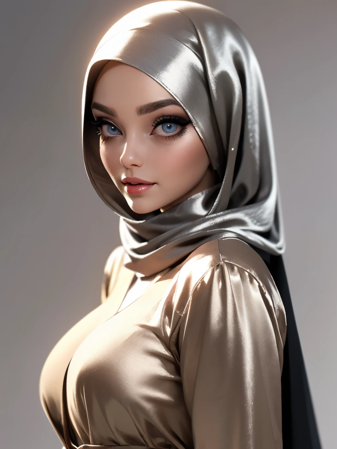 3dmm style, (Masterpiece), realistic, best quality, best lighting, extremely detailed artgerm, style artgerm, beautiful mature woman, 1 girl photo solo, beautifully makeup, eyeshadow, Parted Lips, Detailed Eyes, ((beautiful big eyes)), long eye lashes, dimples on the cheeks, smile, wearing silk hijab, ((Pewter satin hijab)), loosely tide hijab style, shining silk, satin, pewter satin, ((pewter satin shirt and satin long skirt)), (Close-up portrait), Front view, Standing Symmetric Centre, facing the viewer, gray background.