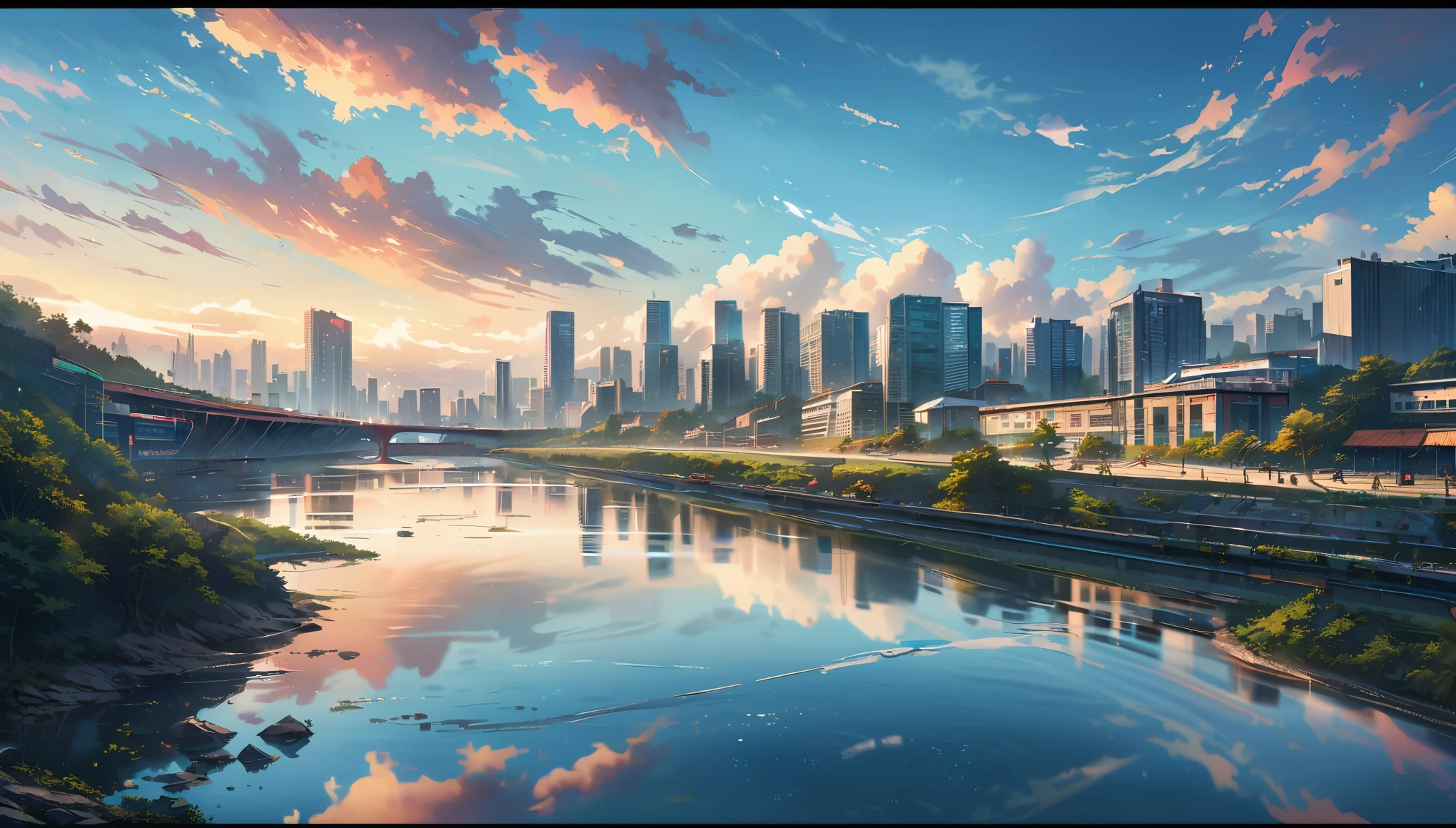 blue sky, clouds, city skyline view of Shenzhen river, reflection of buildings on the water surface, wide angle shot, high resolution photography, hyper realistic in the style of, hyper detailed in the style of, high definition, high quality