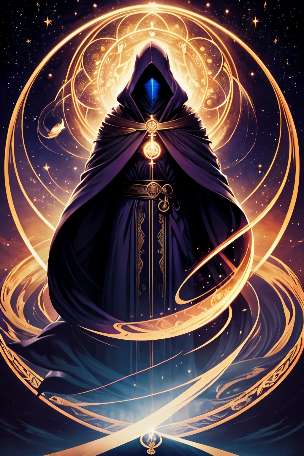 male figure. Cloaked in flowing robes that seem to blend seamlessly with the darkness of the cosmos. Face obscured by perpetual shadows, hinting at unseen depths of knowledge. Grips a grand hourglass, its sands symbolizing the inexorable passage of time. Surrounded by an aura of quiet intensity, hinting at the weight of his solemn duty. Eyes peer out from the shadows with a piercing gaze, observing the ebb and flow of life. Stands as a sentinel at the threshold of existence and oblivion, ensuring the balance of the cosmos.