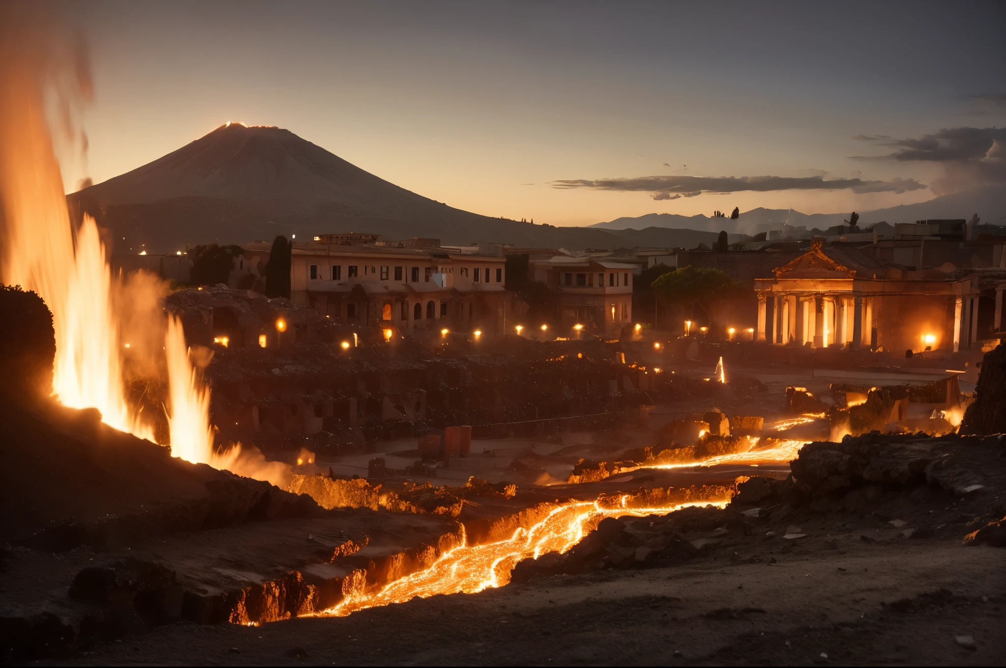 Vesuvius erupts, incandescent lava submerges Pompeii. Roman ruins and wasted Colosseum. Dawn over ancient Pompeii, ancient Rome, the city of Pompeii, the heyday, behind roman city the volcano Vesuvius erupting, lava runs in the streets. Lava over houses. Lava from volcano. Roman pillars in front view. Close up of pillars and scared people. 8k render, HDR, (YES NSFW)