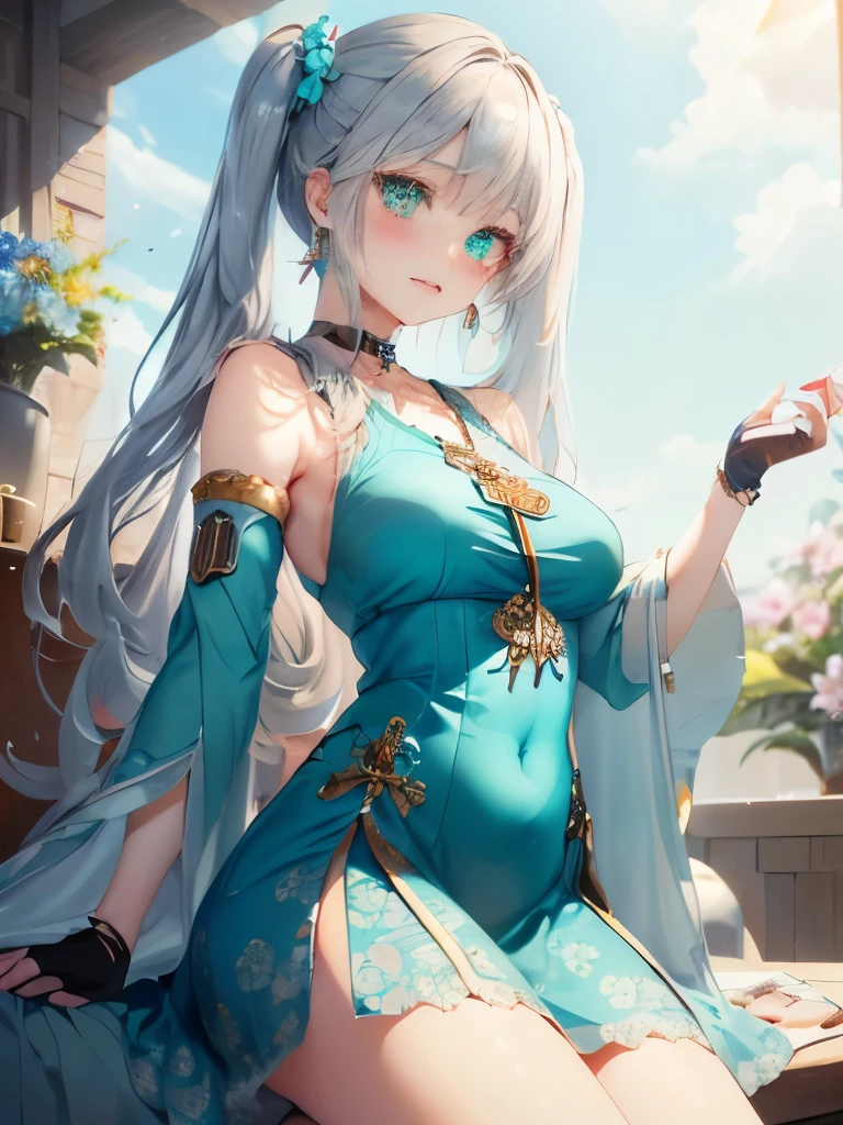 The arrival of spring、big butt、 (alone:1.5,)Super detailed,bright colors, very beautiful detailed anime face and eyes, look straight, ;d, shiny_skin,girl, ((silver long hair,Inner color is red 、forehead is exposed.、green eyes、、shiny hair, delicate beautiful face, blush、(turquoise eyes), White skin, Valletta, earrings,、blue flower field、(chiffon dress,blue floral pattern on uniform)/=(uniform:1.24),(removed sleeve,wide sleeve),(fingerless gloves),choker,(Priestess Niso)、Lace long skirt、twin tails