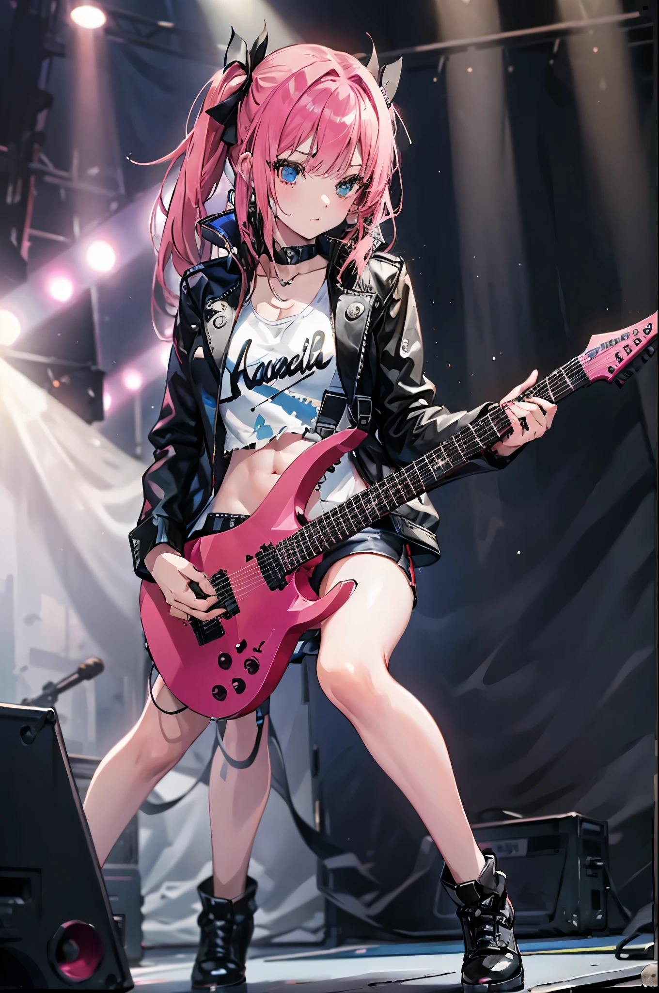 realistic:1.2, Rocker girl wearing a leather jacket,slim body shape、Normal bust size、 highly realistic photograph,  full body shot, １two electric guitars, clothes with spikes,white tank top、Navel exposed、low rise leather shorts,tattoo,earrings dark lipstick, blue eyes,pink twintail hair,black ribbon, beautiful and perfect legs, confident look, punk style ,dynamic pose, dynamic lighting, brightly colored stage,colorful stage lights,