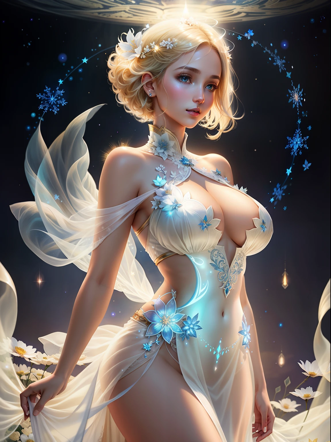 ethereal fantasy concept art, fantasy artwork, intricate artwork, sketch, minimalism, clear lines, (double exposure:1.2), (portrait:1.2), 1girl, short blonde hair, open hair, black strands, (extremely luminous translucent:1.2), (white sleeveless dress, silhouette, large breasts, cleavage), (stars, floral pattern decoration, glowing effect:1.2), magnificent, celestial, ethereal, painterly, epic, majestic, magical, fantasy art, cover art, dreamy, elegant