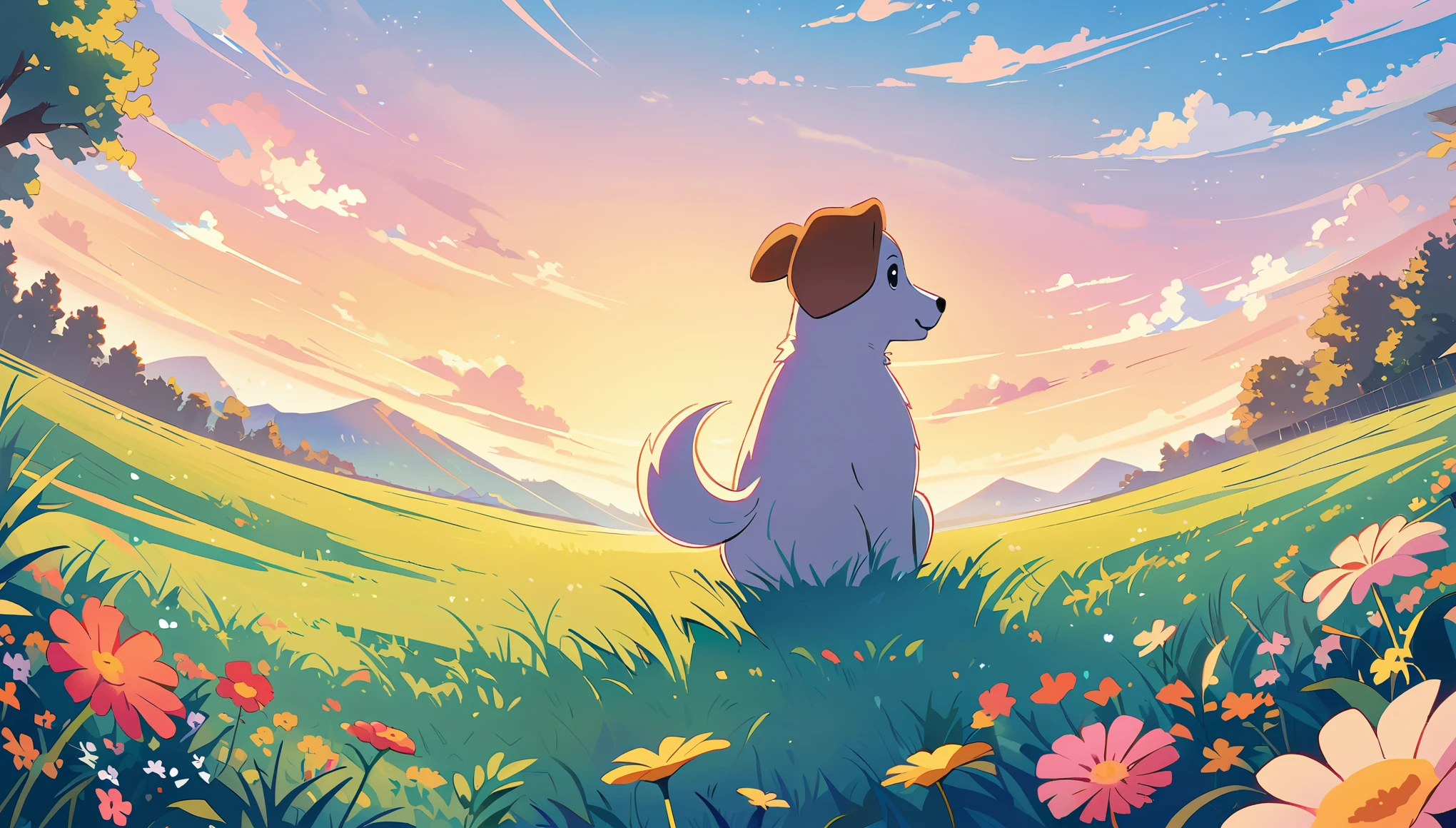 A cute dog on the grass, blue sky and white clouds in the background, anime style, pastel colors, green meadow with flowers, high resolution, illustration, flat design, high details, digital art, in the style of Hayao Miyazaki's Ghibli studio.