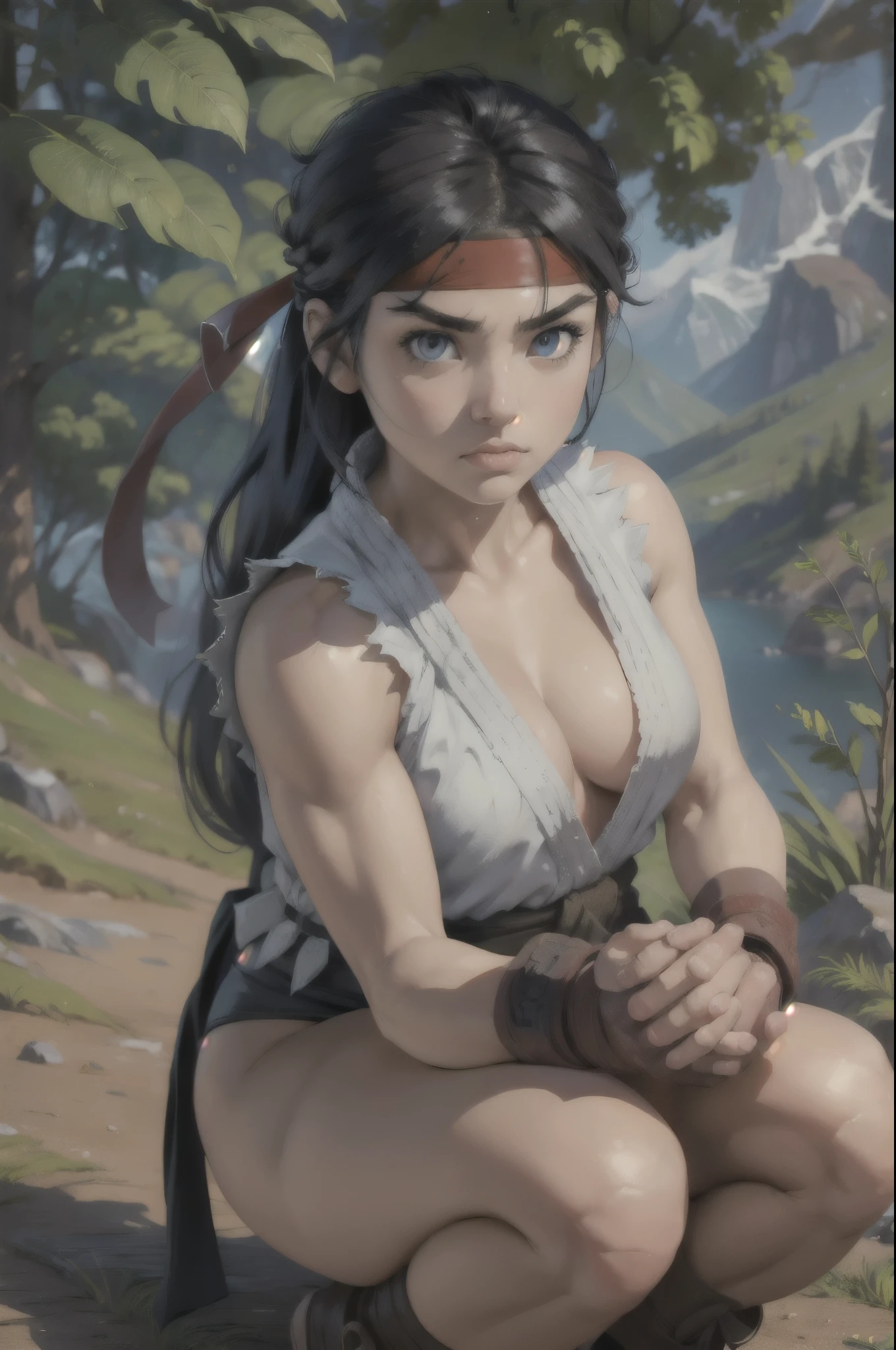 (masterpiece, best quality:1.2), expressive eyes, perfect face, highres, 1girl, solo, ryu \(sf\), (female:1.5), black hair, long hair, dougi, fingerless gloves, headband, no pants, squatting, portrait, looking at the viewer