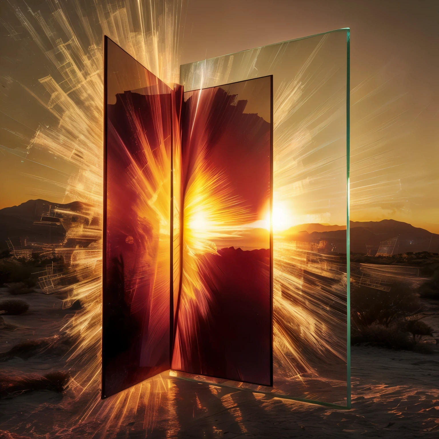 arafed image of a large mirror with a sun setting in the background, doors that are cosmic portals, marc adamus, otherworldly visuals, artist unknown, awe - inspiring award - winning, beeple and mike winkelmann, doors of perception, beeple and jean giraud, refracted sunset lighting, portal to another universe