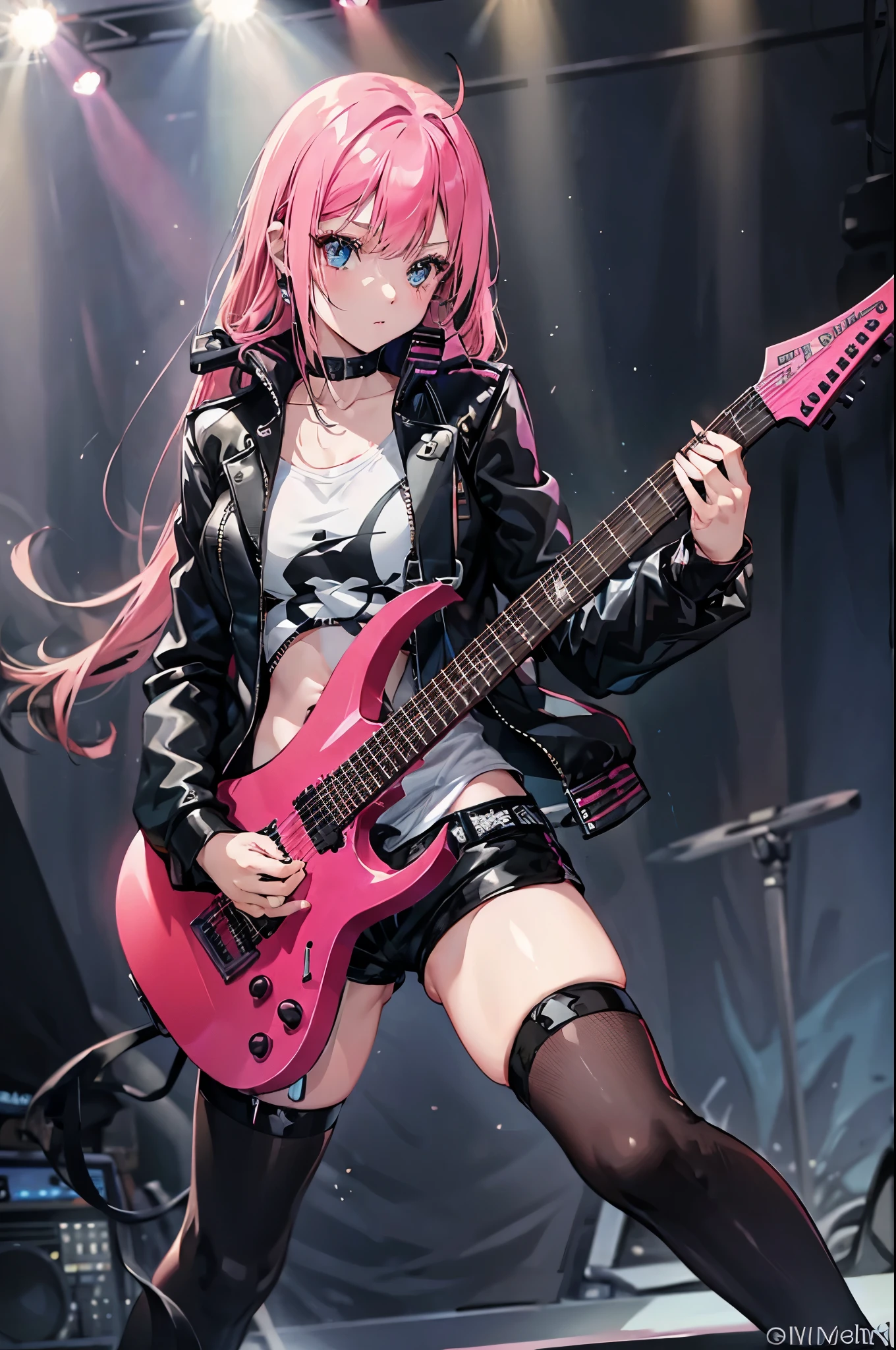 realistic:1.2, Rocker girl wearing a leather jacket,slim body shape、Normal bust size、 highly realistic photograph,  full body shot, １two electric guitars, clothes with spikes,white tank top、Navel exposed、low rise leather shorts,tattoo,earrings dark lipstick, blue eyes,pink twintail hair,black ribbon, beautiful and perfect legs, confident look, punk style ,dynamic pose, dynamic lighting, brightly colored stage,colorful stage lights,