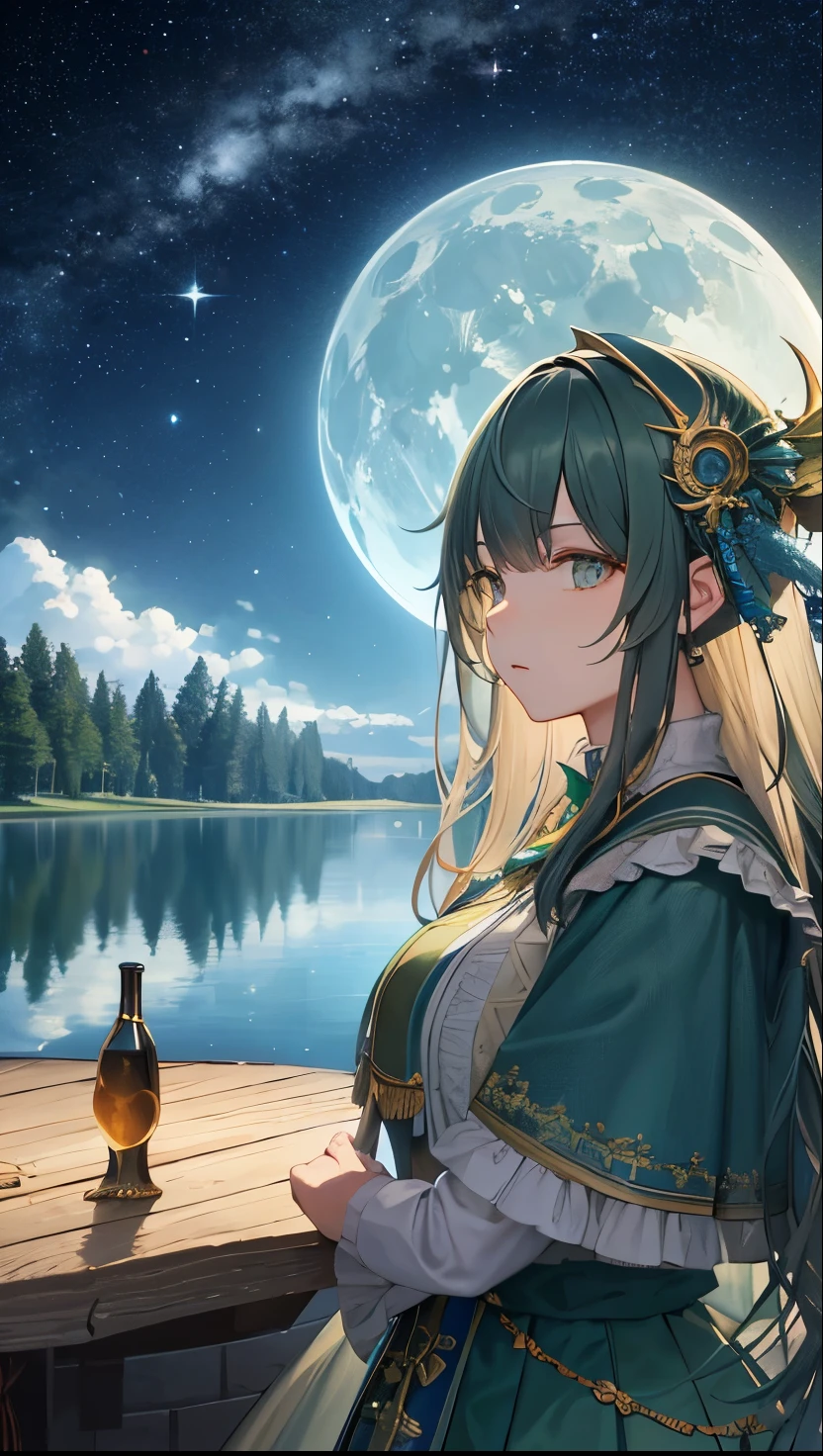 A huge bottle containing a majestic lake , Very high quality and highly detailed scenes , octane rendering, starry sky , dream , huge green moon , Vought of Heaven , Inspiration, imagine