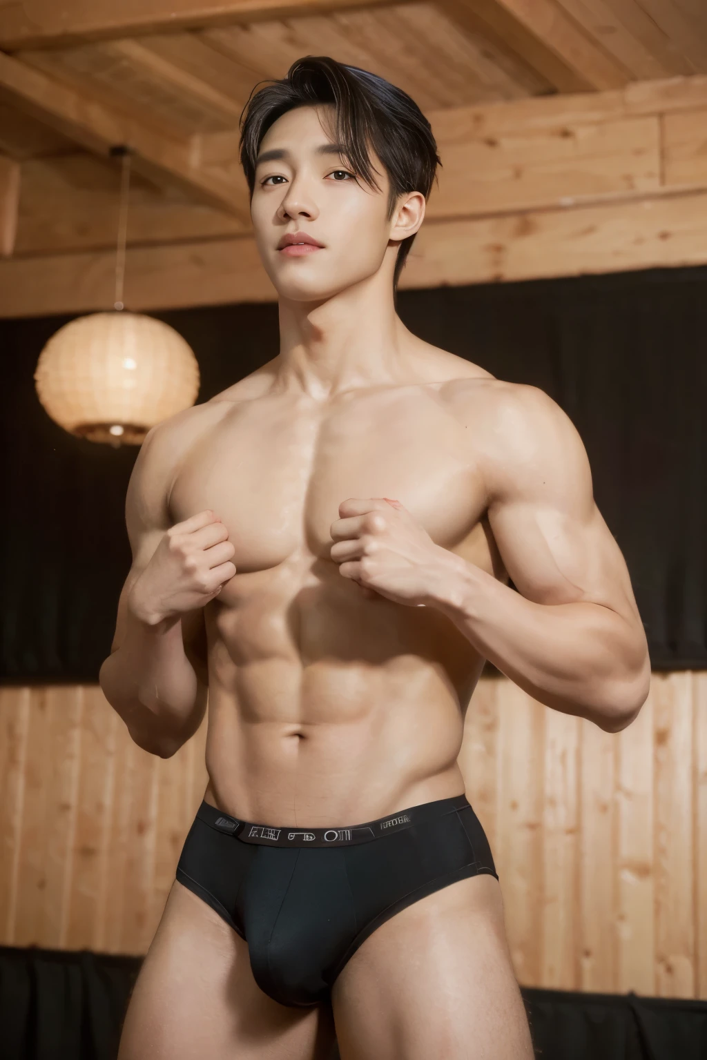 1boy, vietnamese male, a handsome muscular boy, very handsome, highschool student, 16 years old male model, wearing sexy black micro thong, huge bulge, bulge, crotch line, posing and flexing, dynamic poses, very beautiful, wide shoulders, narrow waist, puffy chest, developed pectorals, dark nipples, sexy and cute, mesomorph body type, smooth hair, short hair, detailed face, detailed eyes, smirking, sly, mischievous, modeling, posing, perfect hands, pubic hair, sexy and cute, realistic skin, dark skin, aesthetics, perfect hands, ((photo by adonisjing), realistic, photorealistic, masterpiece, highest quality, perfect lightings), indoors, on stage, bodybuilding competition, full body shot 