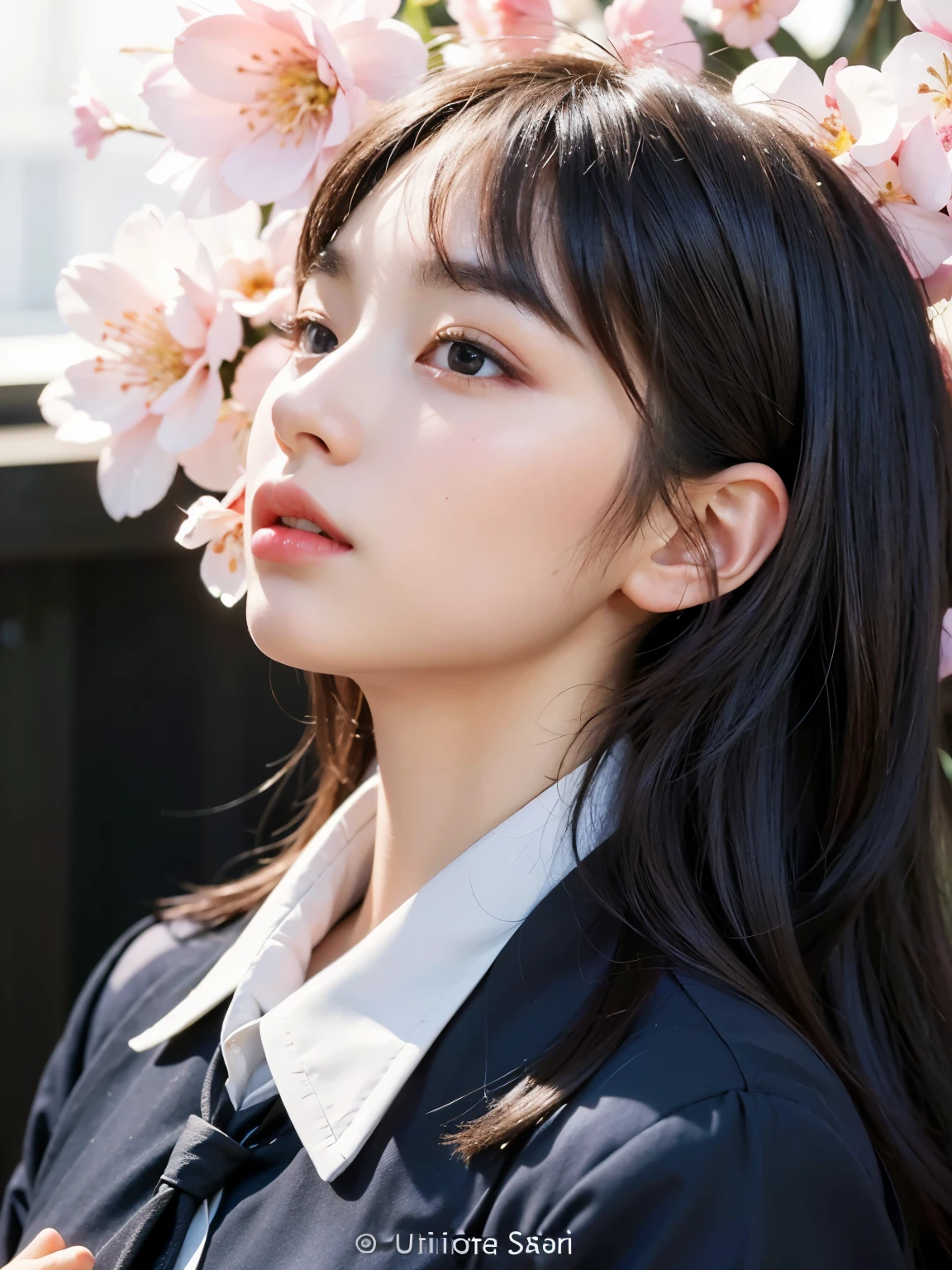 (Best quality, 8k, 32k, Masterpiece, UHD:1.2) "Generate a captivating artwork featuring a young Japanese girl model with short, sleek black hair styled in a chic bob haircut. Envision her bathed in dramatic cinematic lighting, creating an atmosphere of allure and mystery. Emphasize a romantic aesthetic vibe, showcasing the model in a poised and elegant pose that evokes a sense of intimacy and sophistication. Utilize warm and soft tones to enhance the romantic ambiance, and consider incorporating elements like flowing fabrics or flowers to add a touch of ethereal beauty. Capture the essence of romance and beauty through the model's expression, the play of light and shadows, and the overall aesthetic, creating a visually compelling and emotionally resonant piece." (perfect eyes), flawless skin, flawless face, cinematic, tight body, ((well-proportion female hands)), ((female hands with five digits)) ((Body is well proportioned)), ((chic bob haircut)), soft focus ((Short Black Hair)), ((cherry Blossoms))