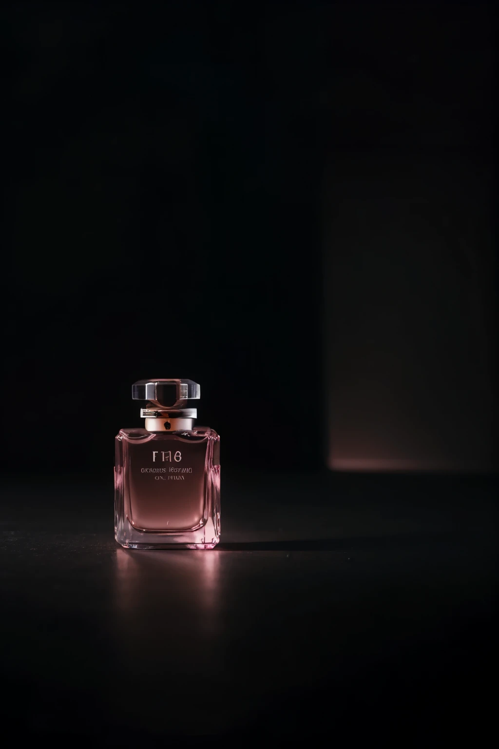 (Best quality, high resolution, ultra-detailed: 1.1), Minimalistic, Perfume bottle, falling into the void, simple yet elegant, free from labels, elongated rectangular shape, dark gray lid, pink liquid interior, black background, light illumination, (glass texture: 0.8), (Transparent: 1), (SLR camera: 0.5), Cinematic still image, Dramatic perspective, Glimmering pink liquid, Refracting light effect, Depth of field: f2.8, Cinematic contrast, Soft focus, Professional photography, (Fine art: 1), (Moody atmosphere: 1)