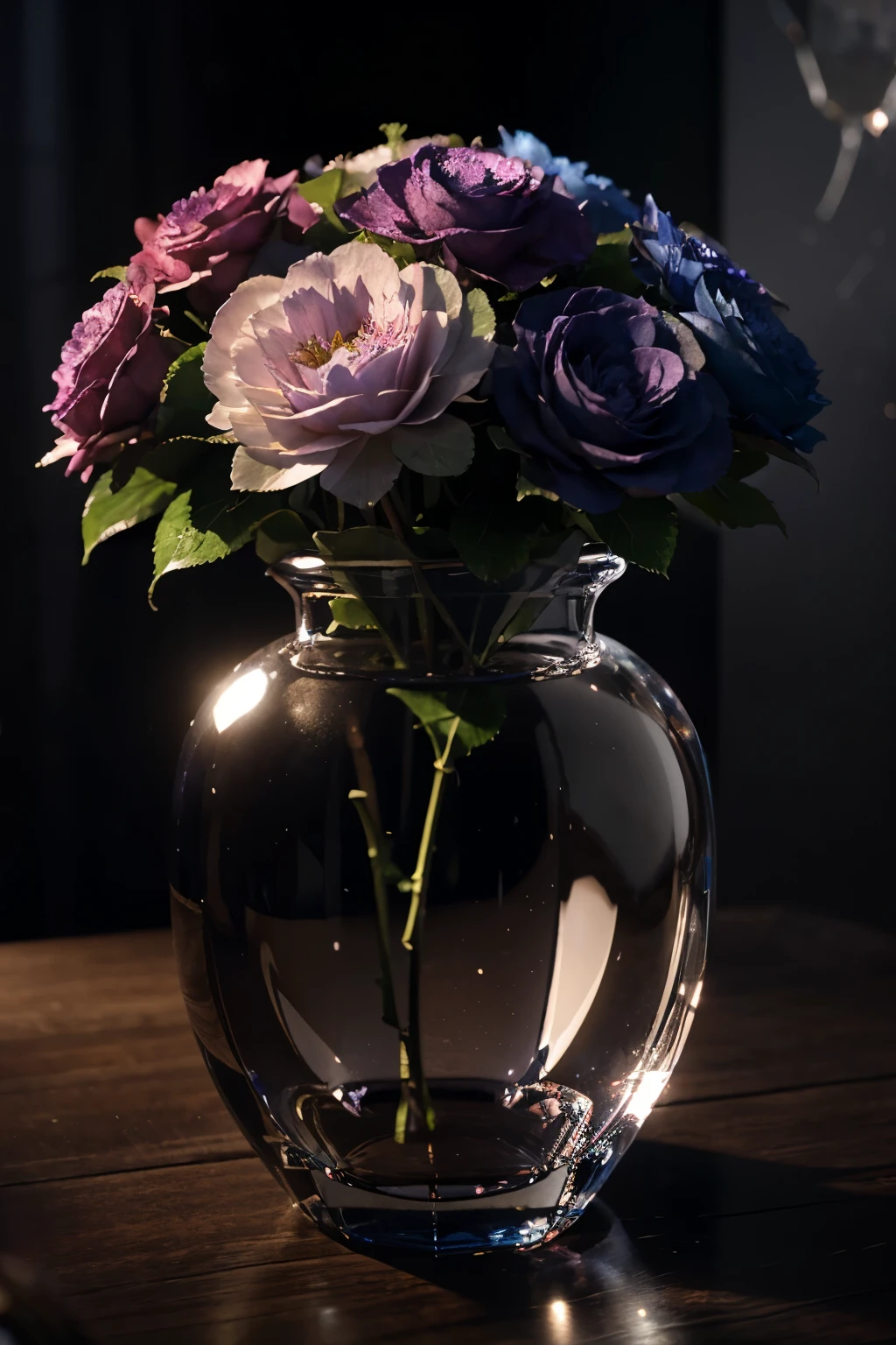 A captivating 3D render of a stunning hydrangea flower in a narrow crystal vase, filled with water. The flower is a beautiful mix of blue, pink, and purple hues, with delicate petals that emit a soft glow. The crystal vase has an intricate design and reflects light, adding an elegant touch. The background is a dark, misty scene, creating a sophisticated and mysterious atmosphere., photo, cinematic, 3d render