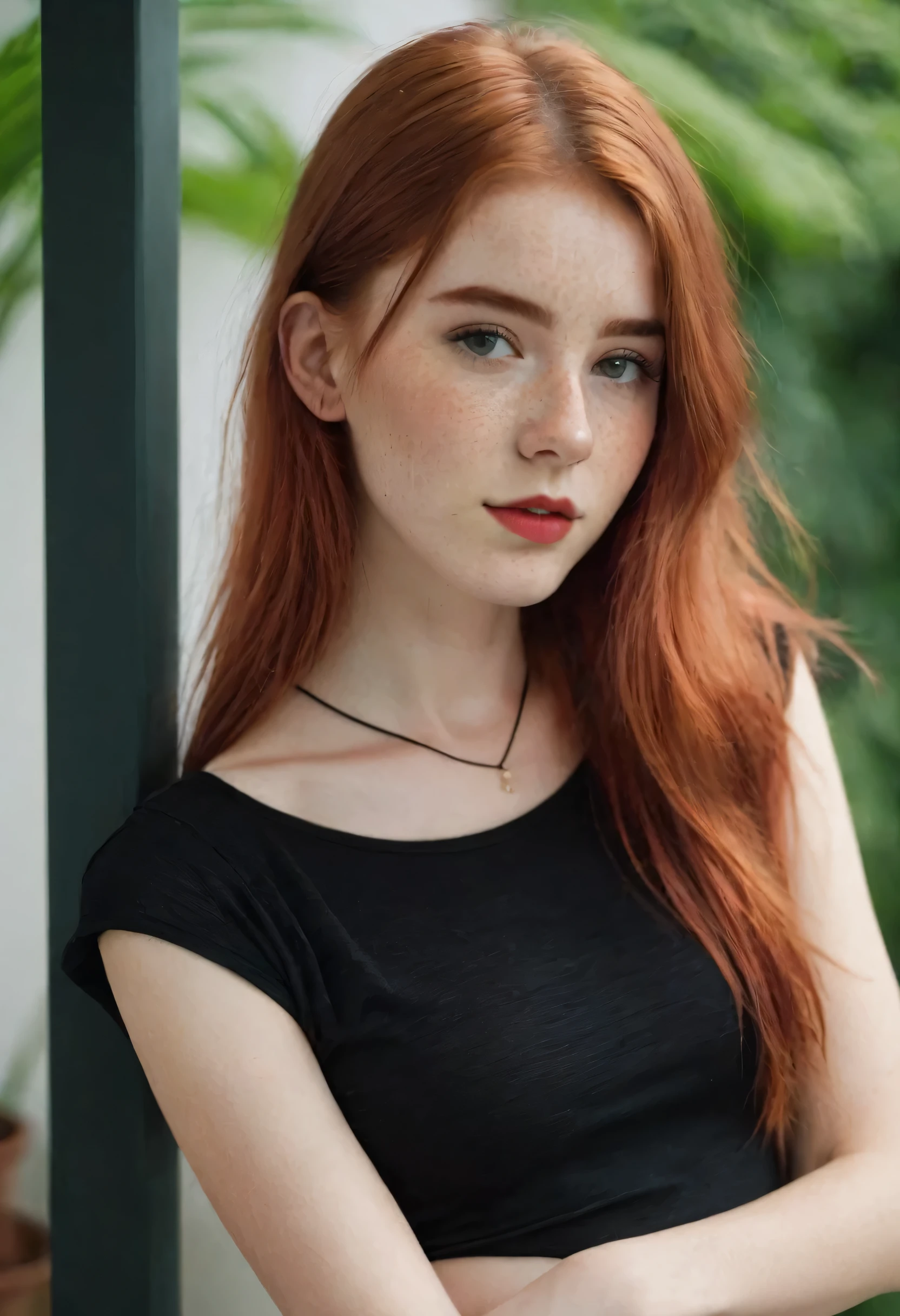 ((best quality)), ((detailed)), (masterpiece), 8k RAW PHOTO, phone photo, ((cute face, perfect face, slight smile, young 18 years old girl, skinny legs, skinny thighs,medium size breast, skinny waist:1.1)), ((red hair), (freckles:0.9), greeneyes, long straight red hair), black tape fashion