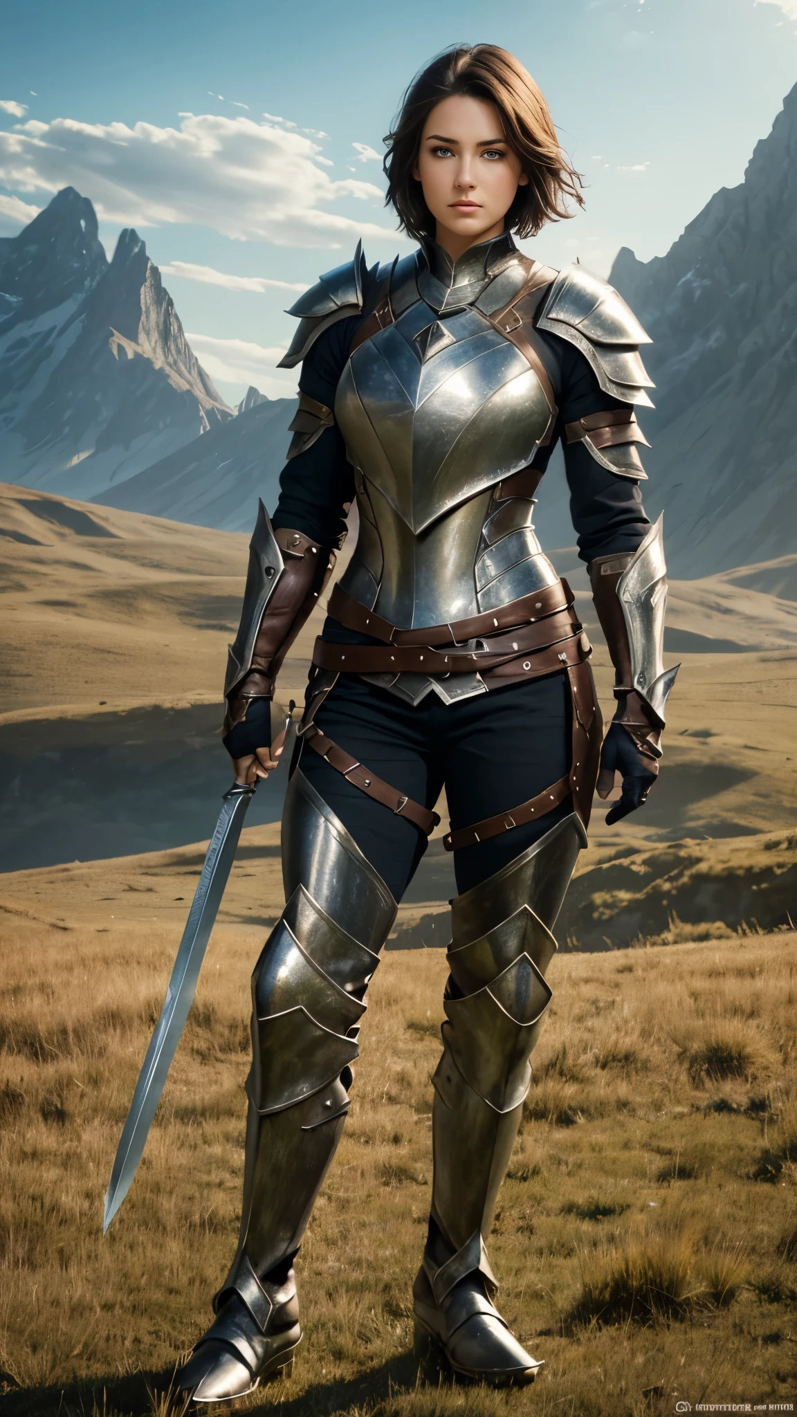 best quality,ultra-detailed,highres,realistic,fantasy style,full body shot,female adventurer,huge,muscular physique,dark steel armor,armored pants,armored boots,short hair,beautiful detailed eyes,strong and determined expression,sharp-edged sword in hand,standing tall,masculine pose,facing the viewer,field background,vibrant colors,soft sunlight illuminating the scene