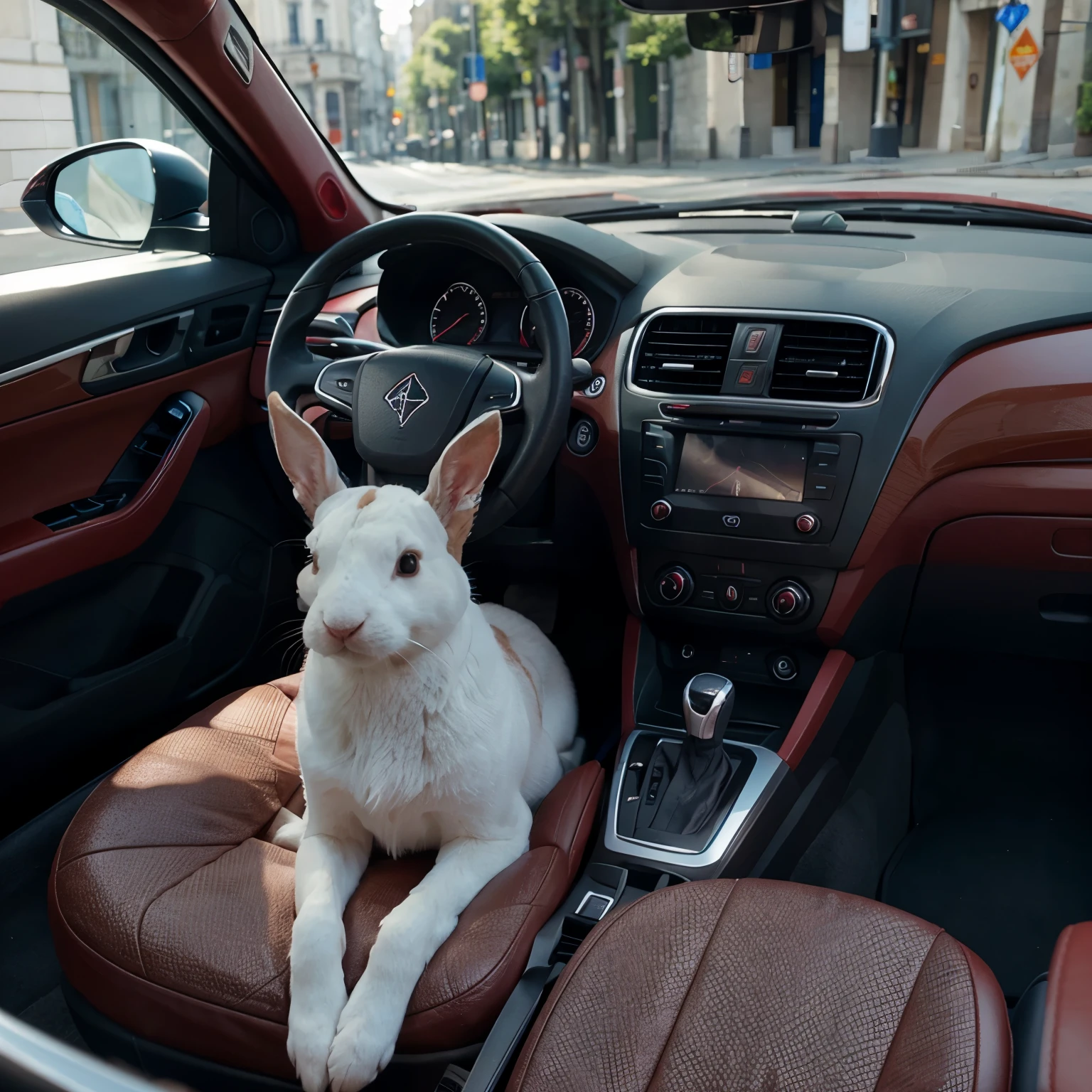 Lapin bleu dans une voiture rouge