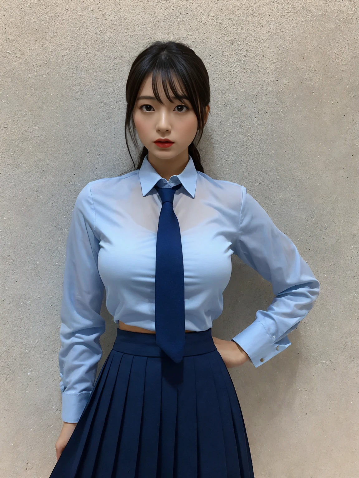 japanese girl, woman in her 20s, perfect figure, Transparency, big breasts, , navy blue tie, navy blue skirt, light blue shirt, idol sculpture