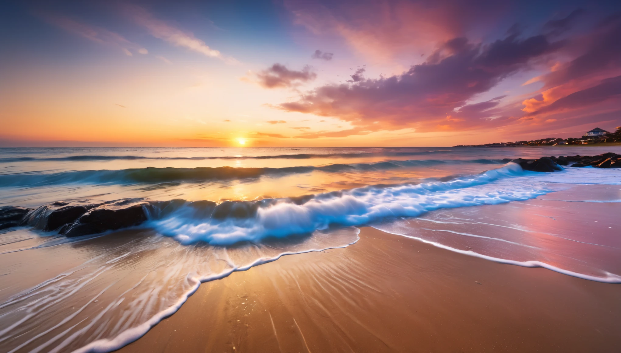 ultra wide angle shot,beach,sunset,sharp focus,gorgeous color grading,harmonious colors,masterpiece