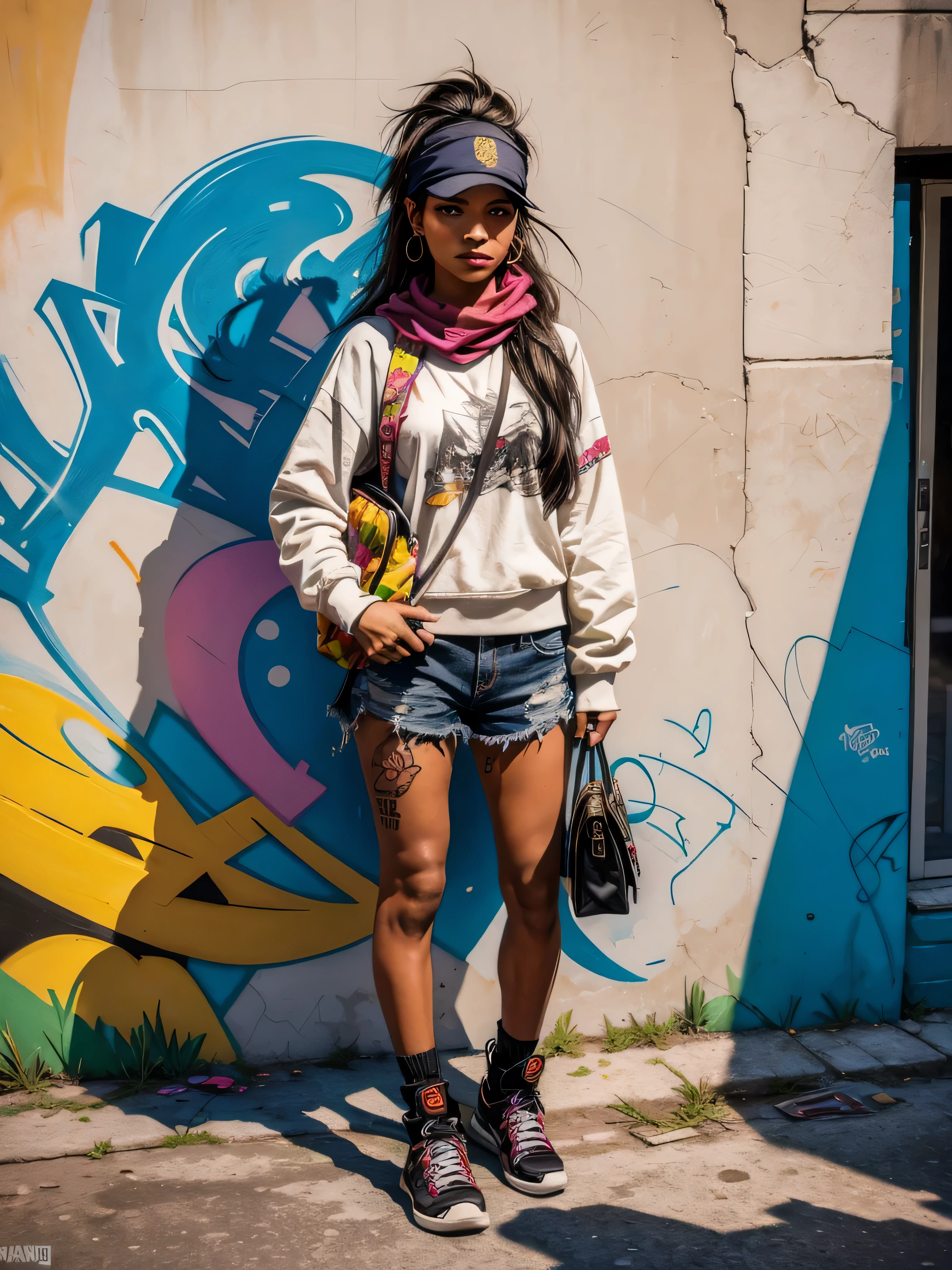 Mural, wall painting, graffiti on a wall. Graffiti mural with Brazilian women with gangster look with bandanas. Happy palette of colours. The cat is in the bag A girl is on the street looking at the mural. Scene illuminated by natural light. Realistic raytraicing