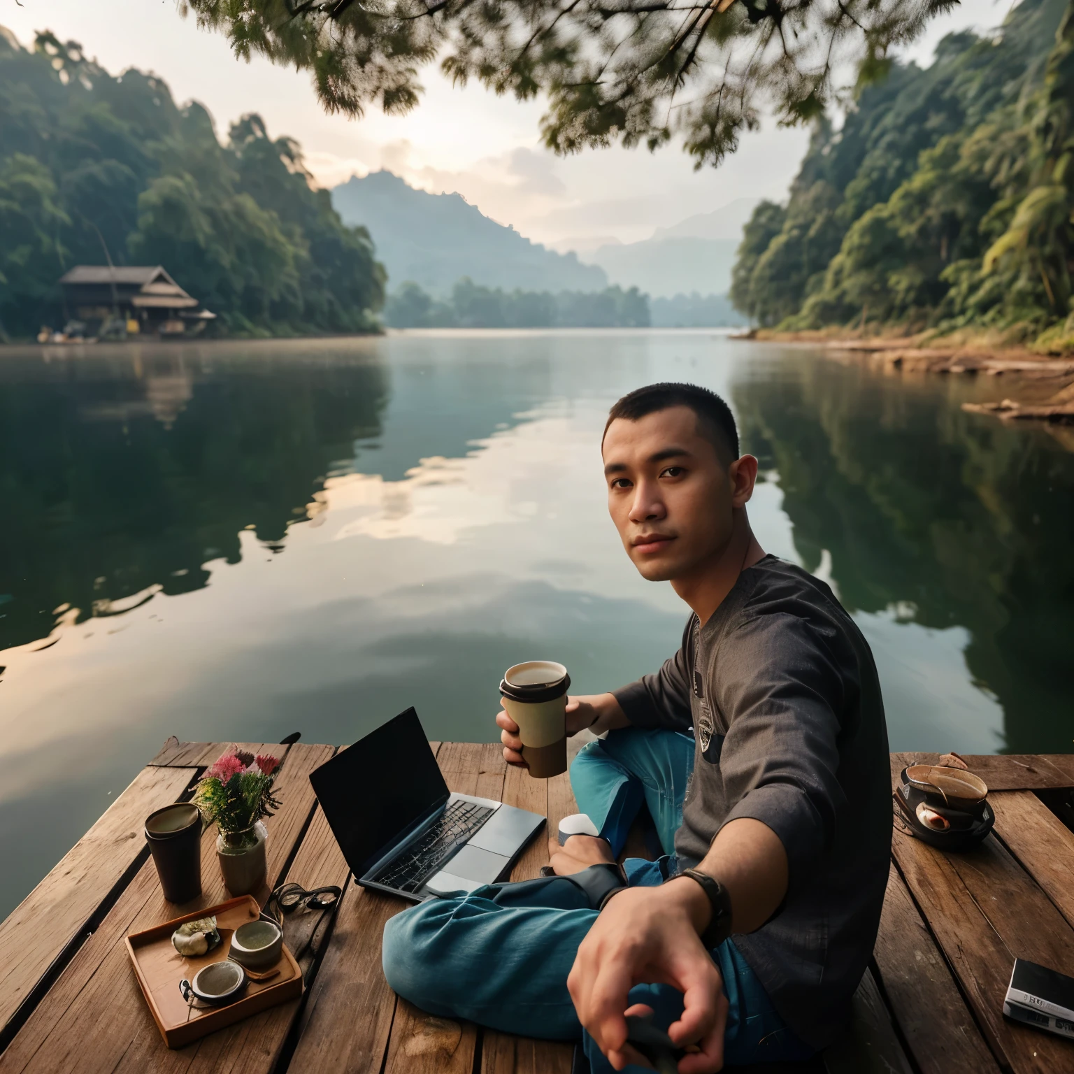 (photo: 1.3) af (photorealistic: 1.3), male avatar, soft light, facial focus, happy, foto jarak jauh, potret sudut lebar, seluruh tubuh, pria Asia dengan rambut Buzz Cut, duduk di dermaga membaca buku dan minum kopi, membaca buku, duduk santai di depan danau, duduk di dekat sungai, membaca di bawah a pohon, duduk di depan tenda, latar belakang bokeh dengan danau dengan hutan di kejauhan, danau dengan pantulan senja, memandang ke kamera