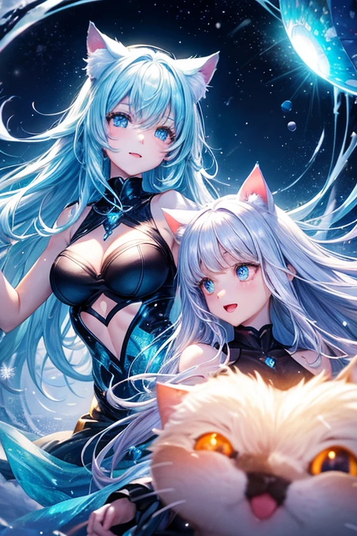 highest quality, High resolution, perfect human structure, Focus of the figure, Front view, shining hair, shining eyes, Cat ear, winter, night sky, Overall angle, Medium chest, happy laughter, gradient eyes, flowing bangs,cyan color，mirror ball，neon effect，glowing effect