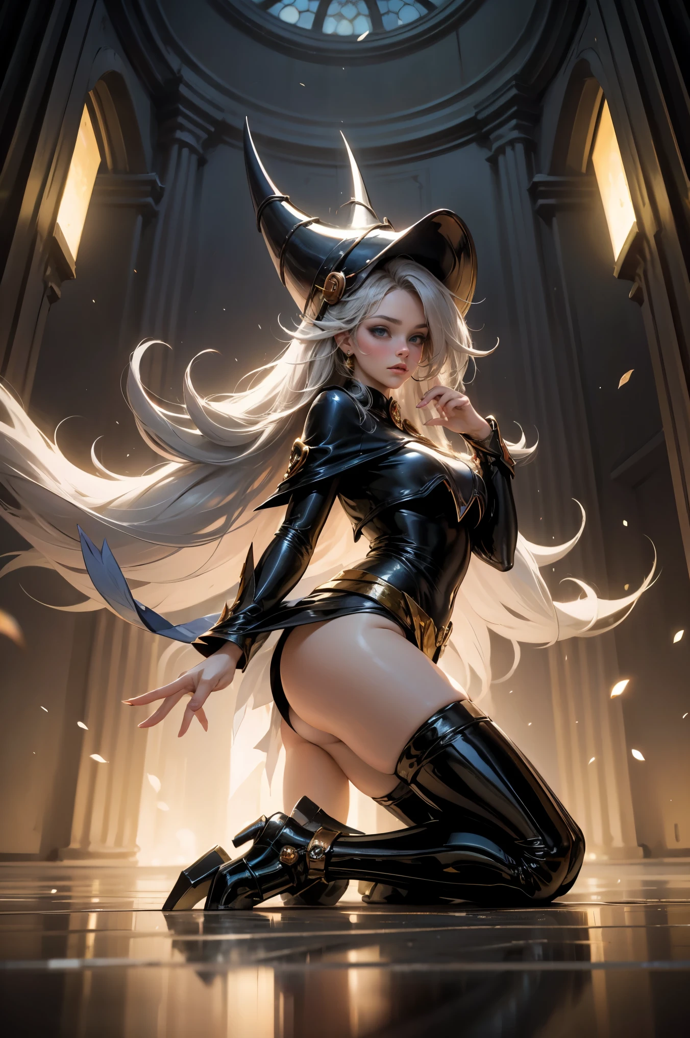 (obra maestra:1.2), (La mejor calidad:1.2), perfect lighting, Chica Maga Oscura lanzando un hechizo, en batalla. flotando en el aire, tetas medianas visibles, escote transparente, bata azul, sombrero grande, desde arriba, Destellos, Yugioh juego, The magic of the heart. LIGHTS OF THE HEART, Romantic heart. Ella usa tacones. Tiene tacones. Usa tacones