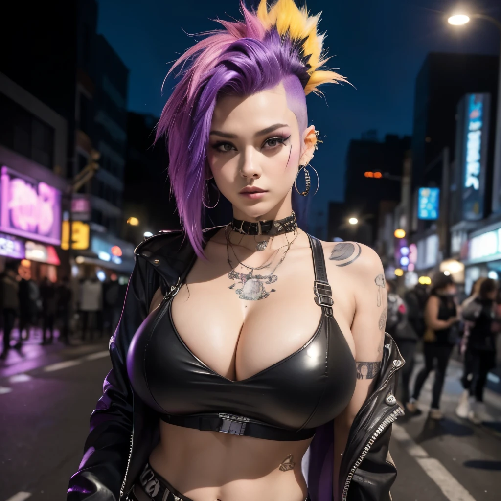 top-quality、8K、32K、​masterpiece、nffsw:1.3)、(Photorealsitic:1.4),21-year-old punk girl,Punk mohawk hair,accentuated super huge enormously gigantic tits,cleavage showing,tattoo sleeves and piercings,Harajuku-inspired hip-hop punk fashion,A neon purple-haired,Street graffiti background,depth of fields