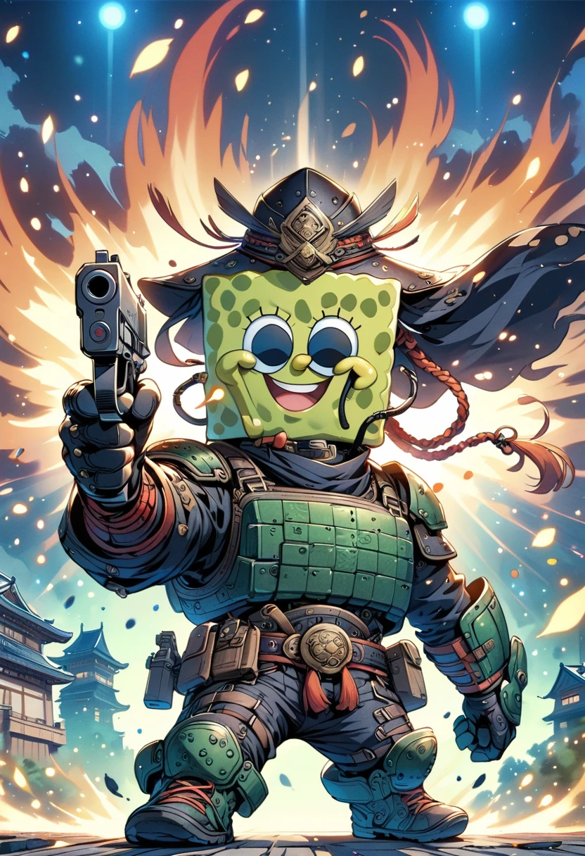 SpongeBob wearing samurai armor, chibi, permanent, Japanese castle burning in the background, stunning style,holding gun with both hands,gun focus,Anthropomorphic spongebob,cartoon