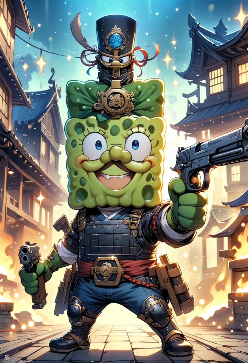 SpongeBob wearing samurai armor, chibi, permanent, Japanese castle burning in the background, stunning style，holding gun with both hands，gun focus，Anthropomorphic spongebob，cartoon