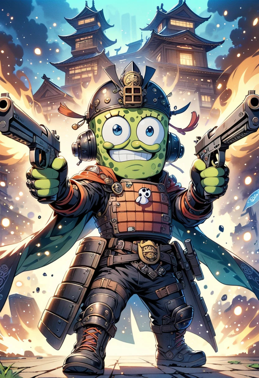 SpongeBob wearing samurai armor, chibi, permanent, Japanese castle burning in the background, stunning style,holding gun with both hands,gun focus,Anthropomorphic spongebob,cartoon