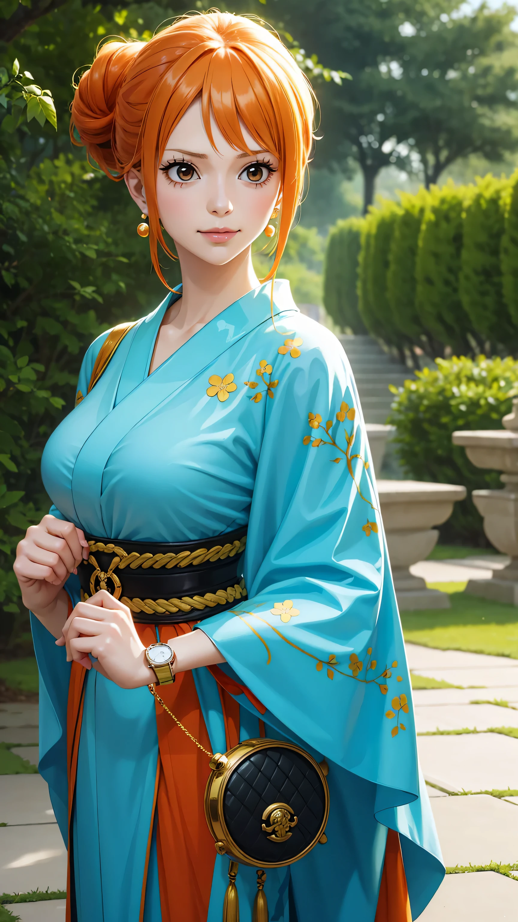 NamiFinal, Nami from the anime One Piece, orange hair, bangs, hair in a bun, beautiful, beautiful woman, perfect body, perfect breasts, wearing a kimono, wearing earrings, wearing a watch, in the park, cherry tree, traditional house japan, looking at viewer, slight smile, realism, masterpiece, textured leather, super detail, high detail, high quality, best quality, 1080p, 16k