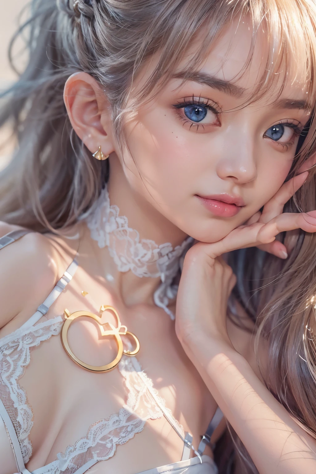 photographrealistic,(One young beautiful Russian girl, laying on a bed in a sexy pose),(Wearing sexy lingerie:1.2),(Distant gaze:1.2),full accesories,Necklace,Instagram (Photorealistic, High resolution:1.2), Looking at Viewer , (Cute face:1.15) (8K, Raw photo, Best Quality, masutepiece:1.2), (Realistic, Photorealsitic:1.17),(Sharp Focus:1.2), Professional Lighting, Radio City, Physically-based rendering, (pale skin:1.2),(medium breasts:1.2), Blue eyes, (Blonde colored hair:1.2), Realistic, (masutepiece:1.25),(Best Quality:1.25),(Shiny skin),(Red lips, halo makeup:1.15),(skinny,Shy :1.2), (Close both eyes:1.8、feel ecstasy:1.8、Ecstatic look、Opening Mouth:1.9、Mouth shape to add something、Tongue licking gesture:1.6、Wet with sweat all over the body、)Perfect body、tiny chest、on the beds、Sleeping on your back、facial close-up、Scale to dimensions、In the center of the screen、shot from top