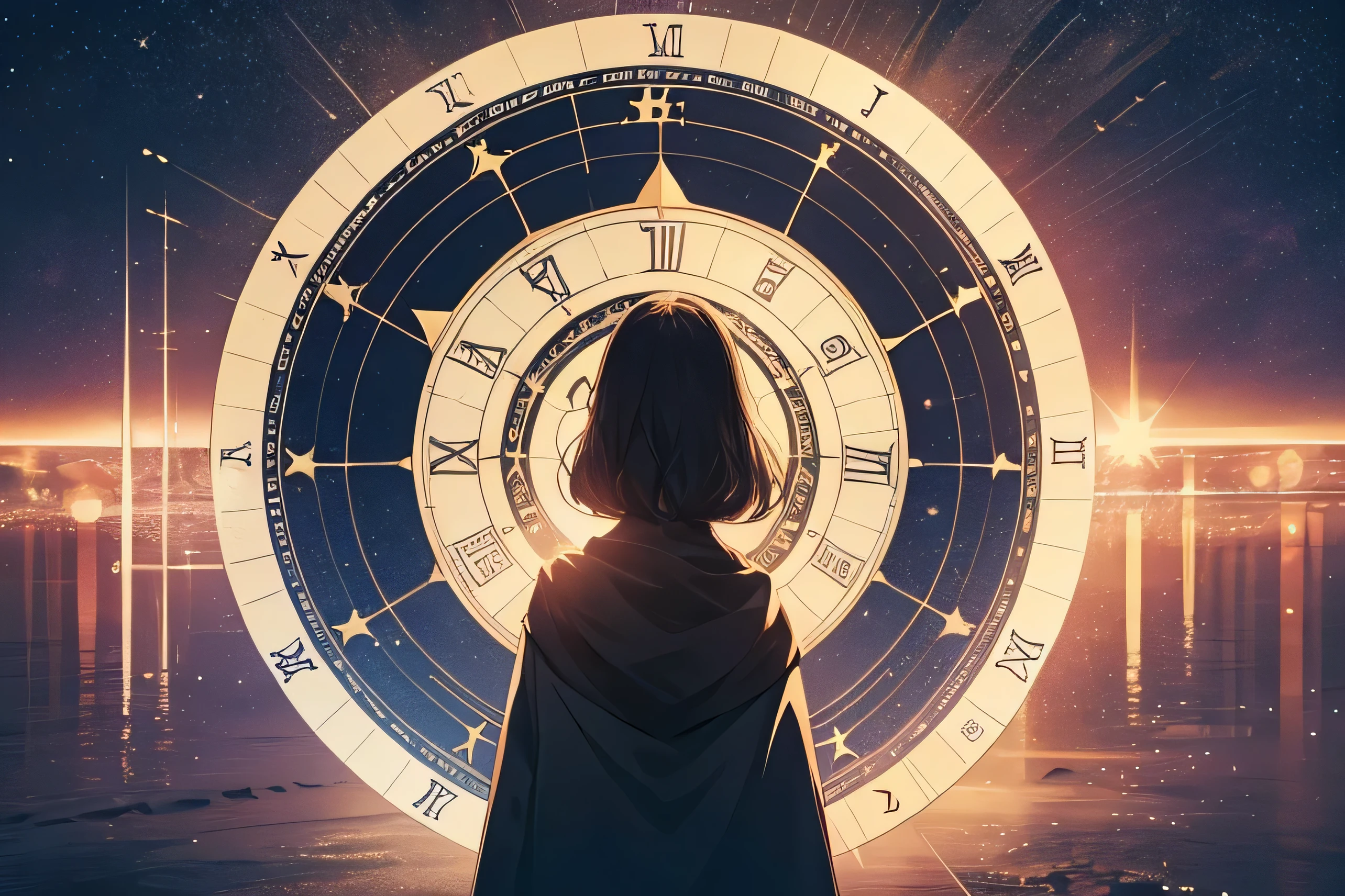 woman looking at a clock with the sun and planets in the background, a picture by Julia Pishtar, trending on pexels, magical realism, astrology, girl looks at the space, geometry and astrology, zodiac libra sign, zodiac sign, a person standing in front of a, zodiac signs, numerology, unknown zodiac sign, with a star - chart