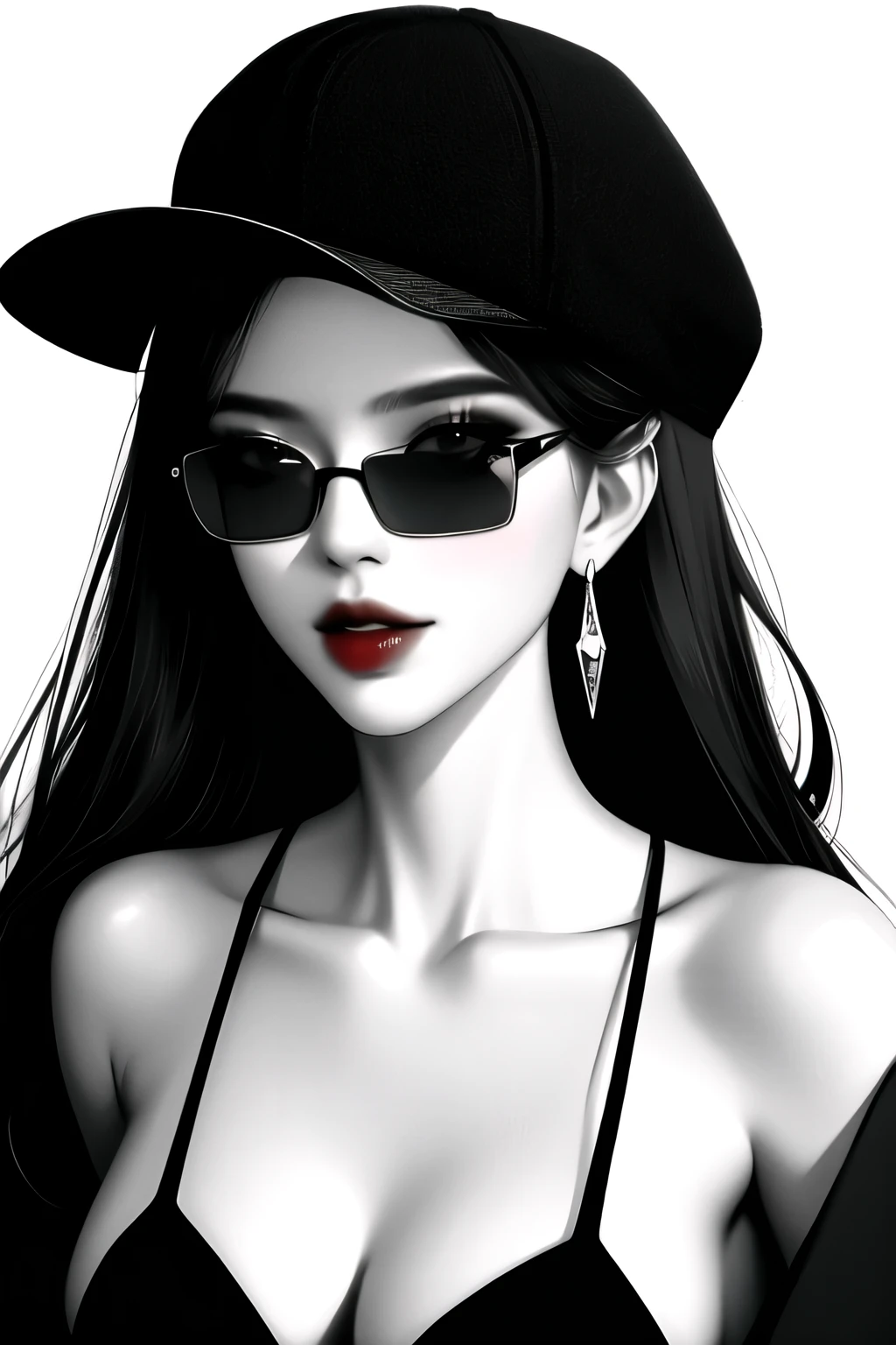 1girl, sunglasses, solo, hat, lipstick, red lips, long hair, dress, plunging neckline, makeup, monochrome, white background, earrings, shirt, jewelry, upper body, spot color, hair over shoulder,dark theme,shiny,shiny skin,sfw
