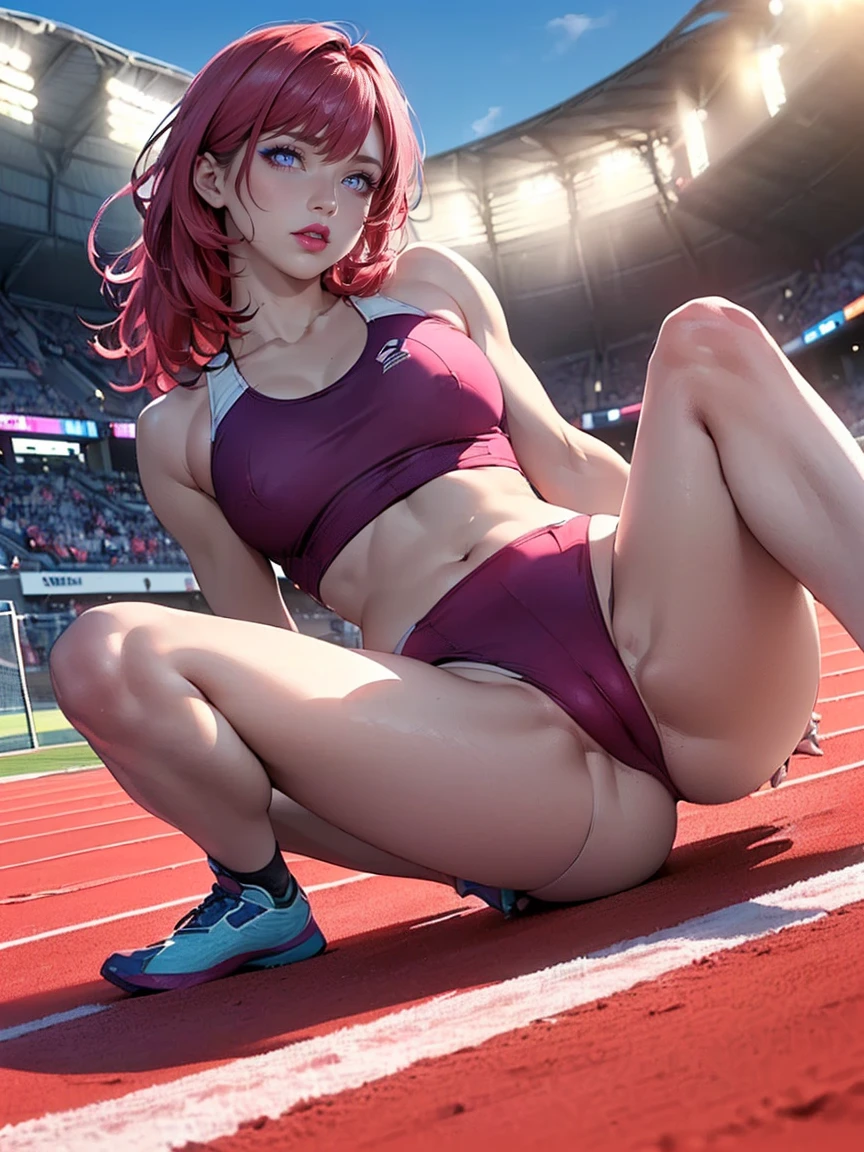 ((solo, 1woman, TakashiroHiroko, dark purple eyes, red hair, pink lipstick, Extremely detailed, ambient soft lighting, 4k, perfect eyes, a perfect face, perfect lighting, a 1girl)), ((solo, (1woman, pink lipstick), Extremely detailed, ambient soft lighting, 4k, perfect eyes, a perfect face, perfect lighting, a 1girl)), (((masterpiece, side light, ), (Natural skin texture Vibrant details, surreal), armpit pose , armpit, ((Female track and field athlete on the stadium)), ((spread your legs:2)), detailed face, very beautiful face, orgasm face, (athletics clothing, women's athletics clothing)))