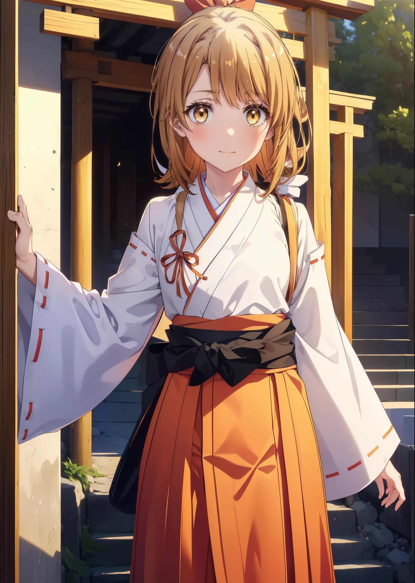 irohaisshiki, iroha isshiki, long hair, brown hair, (brown eyes:1.5), smile,blush,Platycodon,Miko, kimono, kimono, long red hakama,white foot bag,Zori sandals,same as skirt, wide sleeve, long sleeve, ribbon trim sleeves,  low ponytail, looking at the viewer, Are standing, torii,morning,morning日,the sun is rising,
break outdoors, shrine,
break looking at viewer,Upper body,
break (masterpiece:1.2), highest quality, High resolution, unity 8k wallpaper, (figure:0.8), (detailed and beautiful eyes:1.6), highly detailed face, perfect lighting, Very detailed CG, (perfect hands, perfect anatomy),