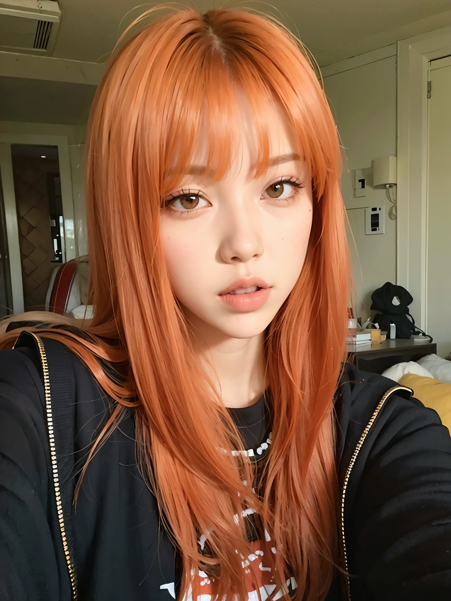 a close up of a woman con el pelo largo y rojo and a black shirt, ulzzang, she has long redpelo naranja, Lalisa Manobal, She has long orange-brown hair., Lalisa Manoban de Blackpink, sun yunjoo, pelo naranja, con flequillo completo, cabello naranja brillante, con el pelo largo y rojo, long pelo naranja, con flequillo
