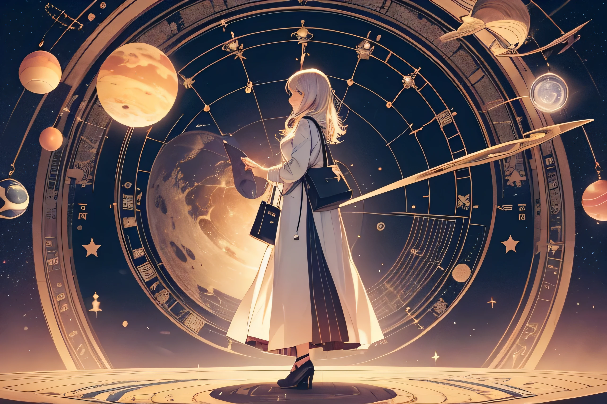 woman looking at a clock with the sun and planets in the background, a picture by Julia Pishtar, trending on pexels, magical realism, astrology, girl looks at the space, geometry and astrology, zodiac libra sign, zodiac sign, a person standing in front of a, zodiac signs, numerology, unknown zodiac sign, with a star - chart