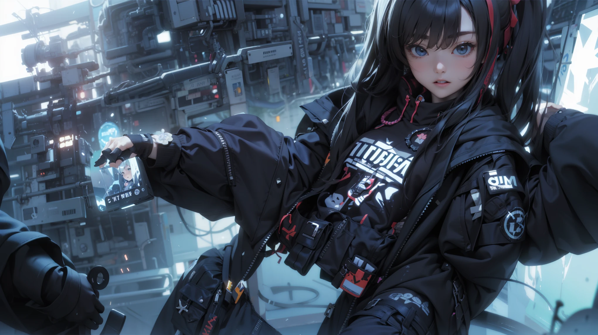 Anime girl with purple hair and black jacket holding a cell phone., ciberpunk anime girl, ciberpunk streetwear, ciberpunk anime girl in hoodie, female ciberpunk anime girl, wearing ciberpunk streetwear, ciberpunk))))), guweiz, aesthetic ciberpunk, chica punk, estilo anime 4k, ciberpunk))), obra de arte al estilo de guweiz, anime ciberpunk, and - girl