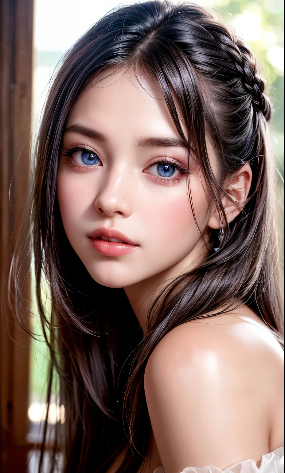 (8k, RAW photo, photorealistic: 1.25), (lip gloss, eyelashes, smiling, bright face, glowing skin, best quality, ultra high resolution, depth of field, chromatic aberration, caustic, wide lighting, natural shading) looking at the viewer with a serene bliss, diffused light, 1woman, (Ultra realistic, high res), (highly detailed eyes, highly detailed hair, highly detailed face, highly detailed plump lips), (off shoulder with open breasts), breasts, upper body, caute smile, (best quality:1.4), Raw photo, (realistic, photo-realistic:1.37), professional photography, cinematic light, (fine face: 1.2),fashion model 20 years old, cute, [[[[pure eyes]]]], [[[[closeup]]]], [[[[chest]]]], [[[[neck]]]], [[[[shoulders]]]], perfect eyes, perfect iris, perfect lips, perfect teeth, perfect skin, soft front light, glow, HDR, (muted colors:1.2), Retrato da mulher、white skin、((cabelo Castanho ondas suaves)) Best Blanco Romantico、8K resolution、Frente Illuminada、American girl portrait、solo、20-year-old、beautiful face、Upper body、medium side cut、beautiful black hair、beautiful little face woman, solo,　black theme,　look at the audience,one woman, It&#39;s real, Wolfzan-6500-V1.3, anime、anime style、beautiful diamond eyes、20 year old american girl、braided hair、swimsuit、portrait beautiful detailed woman, very detailedな青い顔, Reality, beautiful narrow blue eyes, huge file size, Super detailed, High resolution, very detailed, highest quality, masterpiece, An illustration, very detailed, ticker, Unite, 8K painting wallpaper, fine, fine details, masterpiece, highest quality, Hvery detailed ticker uniform 8K wallpaper, face light movie lighting、cute blouse, dark background, oil, masterpiece, diffused soft film lighting, Portrait, highest quality (perfect face:1.4),stunning girl pictures,(8K and、photorealistic:1.25) 、(lip gloss、eyelashes、shiny face、shiny skin、highest quality、超High resolution、Depth of the bounds written、chromatic aberration、caustic road lighting、natural shading、sexy 1girl, Extremely cute,