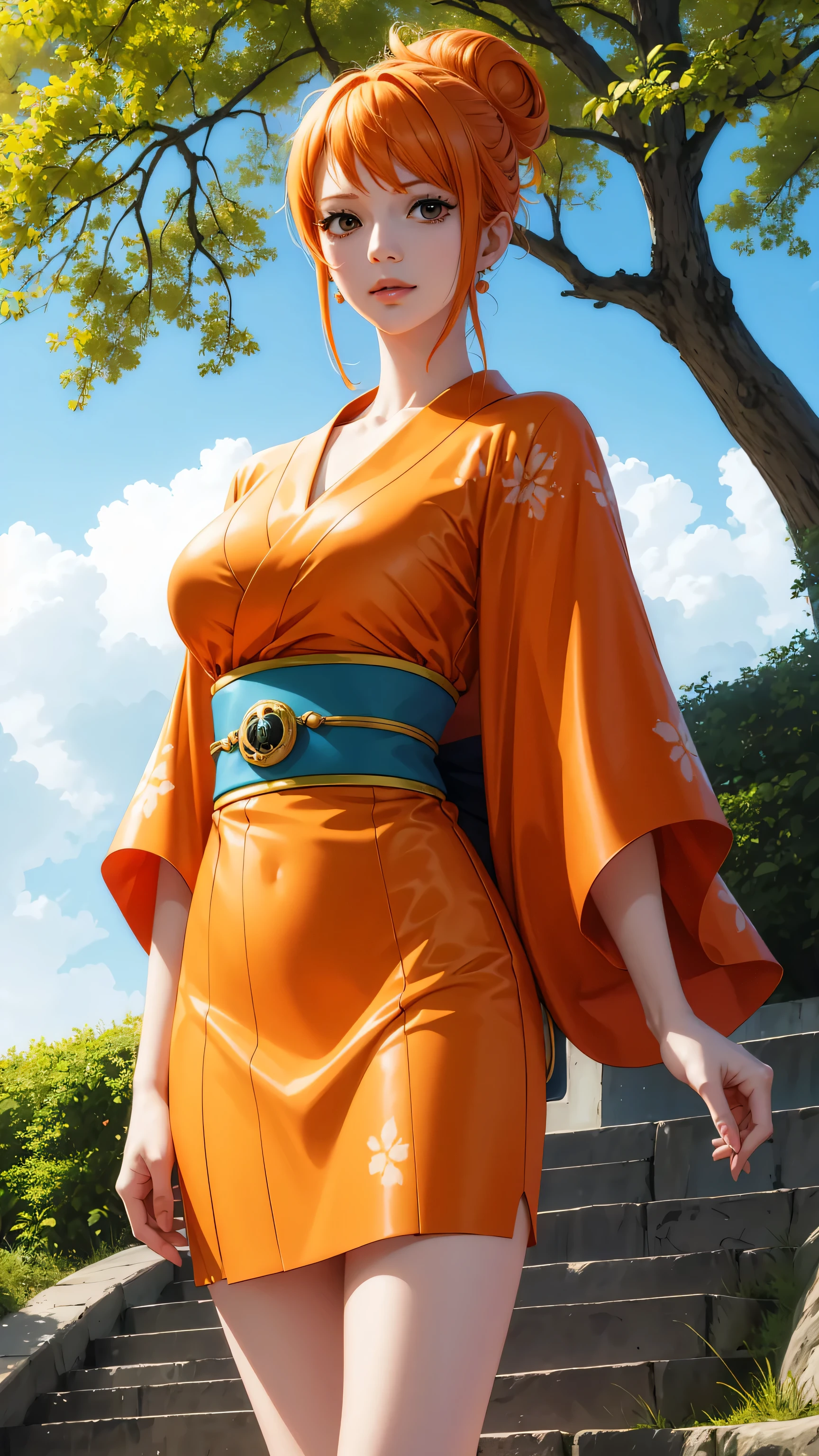 NamiFinal, Nami from the anime One Piece, orange hair, bangs, hair in a bun, beautiful, beautiful woman, perfect body, perfect breasts, wearing a kimono, wearing earrings, wearing a watch, in the park, cherry tree, traditional house japan, looking at viewer, slight smile, realism, masterpiece, textured leather, super detail, high detail, high quality, best quality, 1080p, 16k