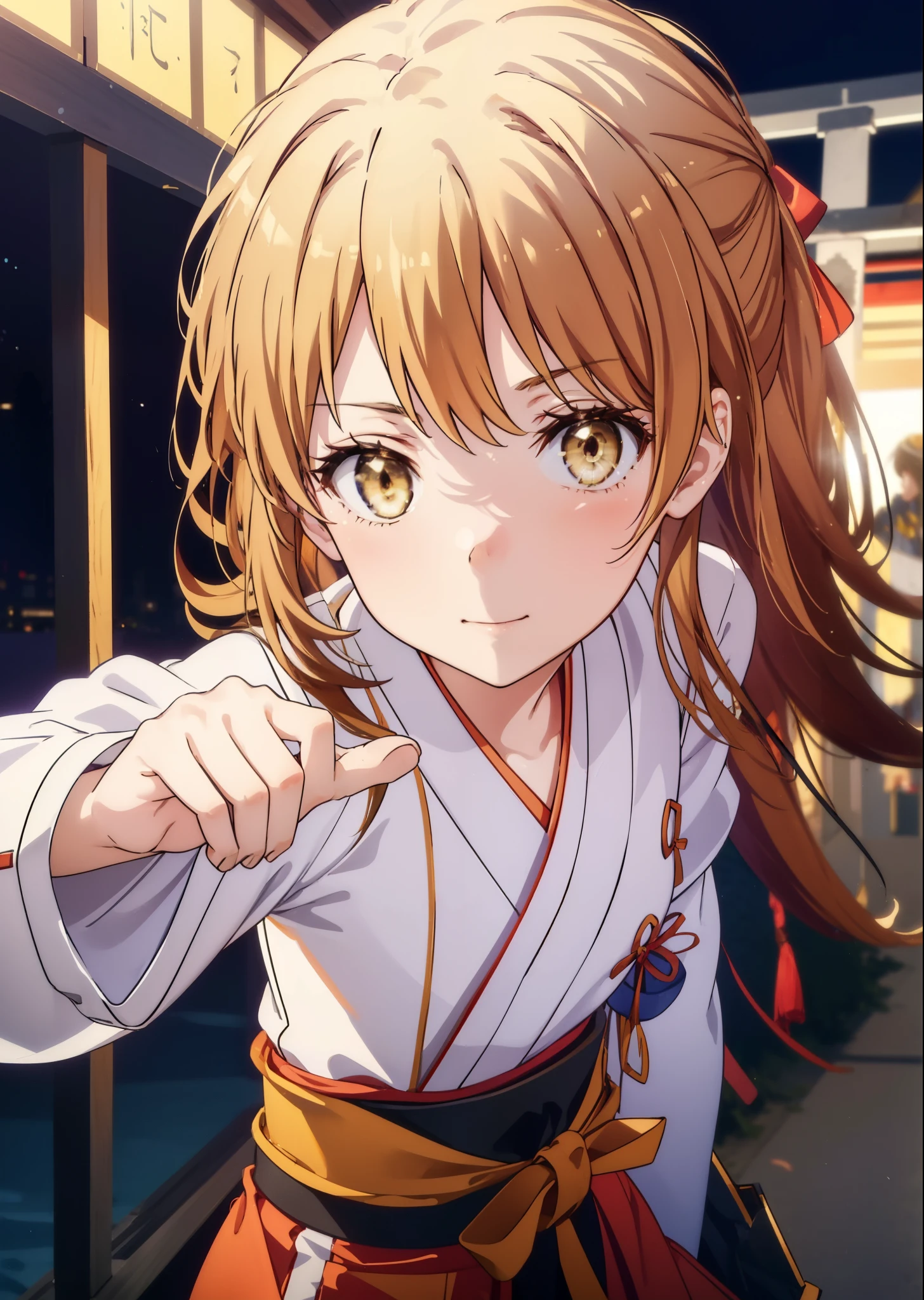 irohaisshiki, iroha isshiki, long hair, brown hair, (brown eyes:1.5), smile,blush,Platycodon,Miko, kimono, kimono, long red hakama,white foot bag,Zori sandals,same as skirt, wide sleeve, long sleeve, ribbon trim sleeves,  low ponytail, looking at the viewer, Are standing, torii,morning,morning日,the sun is rising,
break outdoors, shrine,
break looking at viewer,Upper body,
break (masterpiece:1.2), highest quality, High resolution, unity 8k wallpaper, (figure:0.8), (detailed and beautiful eyes:1.6), highly detailed face, perfect lighting, Very detailed CG, (perfect hands, perfect anatomy),