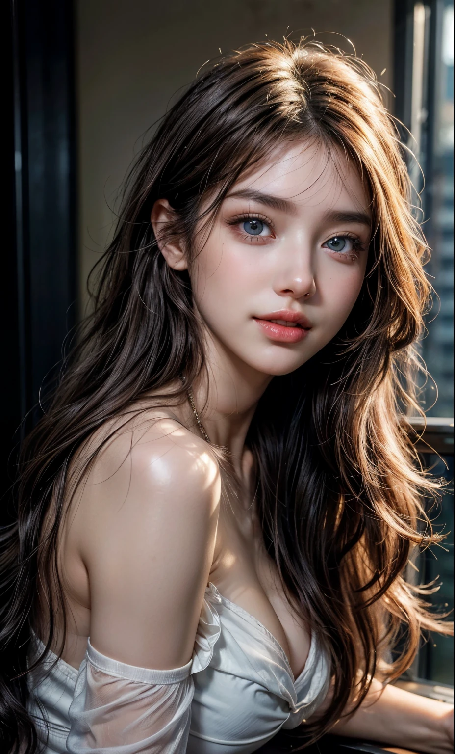 (8k, RAW photo, photorealistic: 1.25), (lip gloss, eyelashes, smiling, bright face, glowing skin, best quality, ultra high resolution, depth of field, chromatic aberration, caustic, wide lighting, natural shading) looking at the viewer with a serene bliss, diffused light, 1woman, (Ultra realistic, high res), (highly detailed eyes, highly detailed hair, highly detailed face, highly detailed plump lips), (off shoulder with open breasts), breasts, upper body, caute smile, (best quality:1.4), Raw photo, (realistic, photo-realistic:1.37), professional photography, cinematic light, (fine face: 1.2),fashion model 20 years old, cute, [[[[pure eyes]]]], [[[[closeup]]]], [[[[chest]]]], [[[[neck]]]], [[[[shoulders]]]], perfect eyes, perfect iris, perfect lips, perfect teeth, perfect skin, soft front light, glow, HDR, (muted colors:1.2), Retrato da mulher、white skin、((cabelo Castanho ondas suaves)) Best Blanco Romantico、8K resolution、Frente Illuminada、American girl portrait、solo、20-year-old、beautiful face、Upper body、medium side cut、beautiful black hair、beautiful little face woman, solo,　black theme,　look at the audience,one woman, It&#39;s real, Wolfzan-6500-V1.3, anime、anime style、beautiful diamond eyes、20 year old american girl、braided hair、swimsuit、portrait beautiful detailed woman, very detailedな青い顔, Reality, beautiful narrow blue eyes, huge file size, Super detailed, High resolution, very detailed, highest quality, masterpiece, An illustration, very detailed, ticker, Unite, 8K painting wallpaper, fine, fine details, masterpiece, highest quality, Hvery detailed ticker uniform 8K wallpaper, face light movie lighting、cute blouse, dark background, oil, masterpiece, diffused soft film lighting, Portrait, highest quality (perfect face:1.4),stunning girl pictures,(8K and、photorealistic:1.25) 、(lip gloss、eyelashes、shiny face、shiny skin、highest quality、超High resolution、Depth of the bounds written、chromatic aberration、caustic road lighting、natural shading、sexy 1girl, Extremely cute,