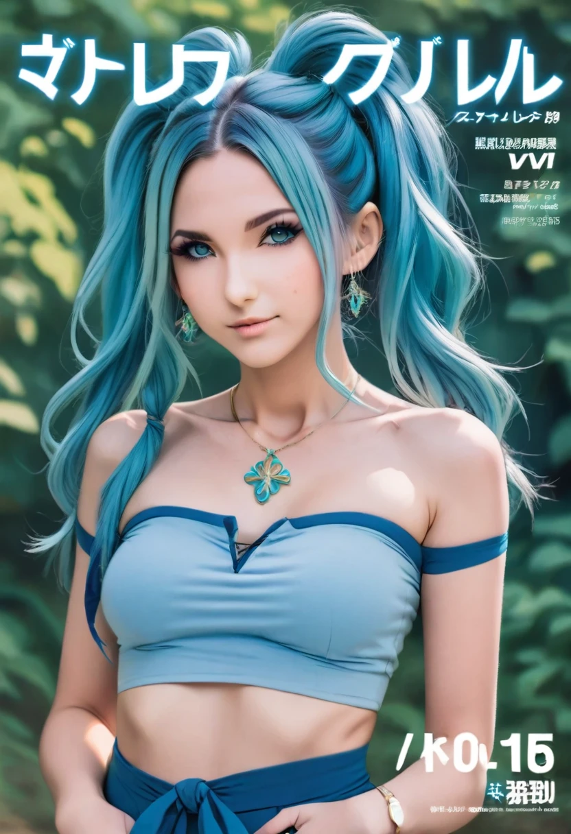 Aisha Hanabi in a magazine cover named, " Aisha Hanabi v1 ", blue hair, flat chested, mole under eye, magazine cover named, " Aisha Hanabi v1 ", 